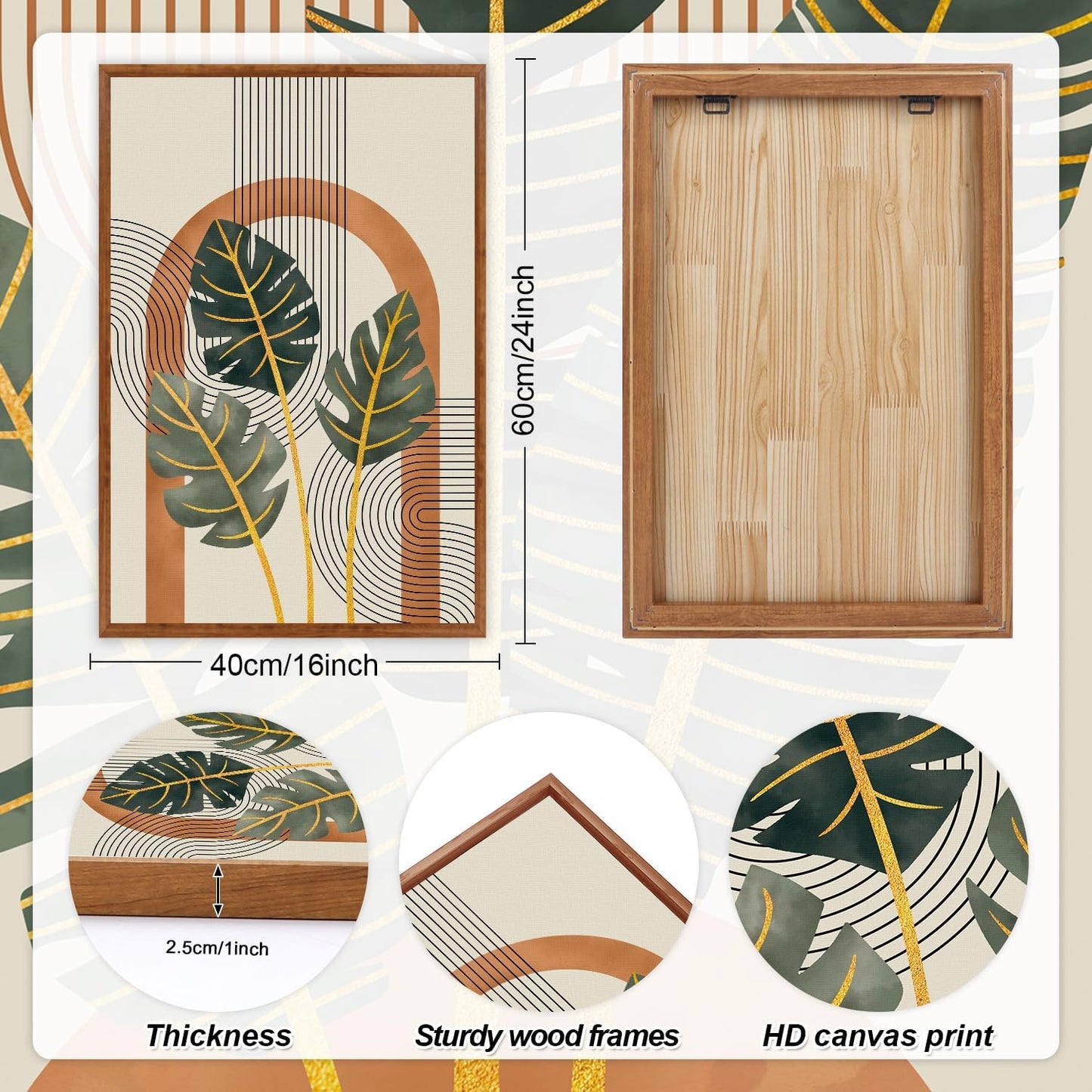 KAIRNE Boho Canvas Wall Art,Abstract Minimalist Room Decor,Tropical Botanical Wall Decor,Mid-Century Geometric Illustrations Set of 3(16”X24”),Botanical Print for Living Room Bedroom Dining Room Decor