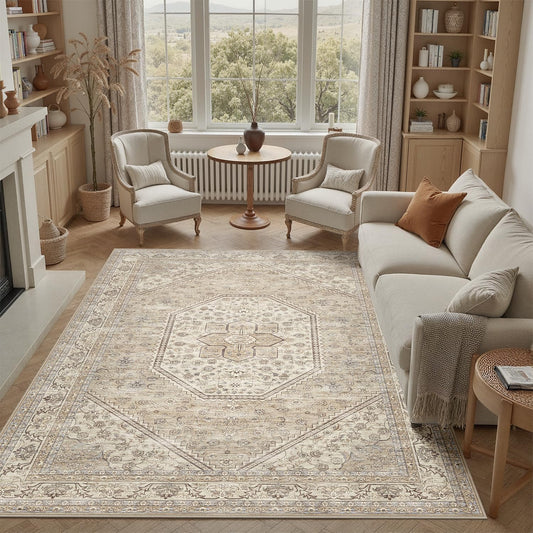 DCX Machine Washable Brown and Beige Area Rug 8x10, Non Slip Stain Resistant Vintage Floral Rug for Living Room Bedroom Nursery, Soft Low Pile Large Carpet