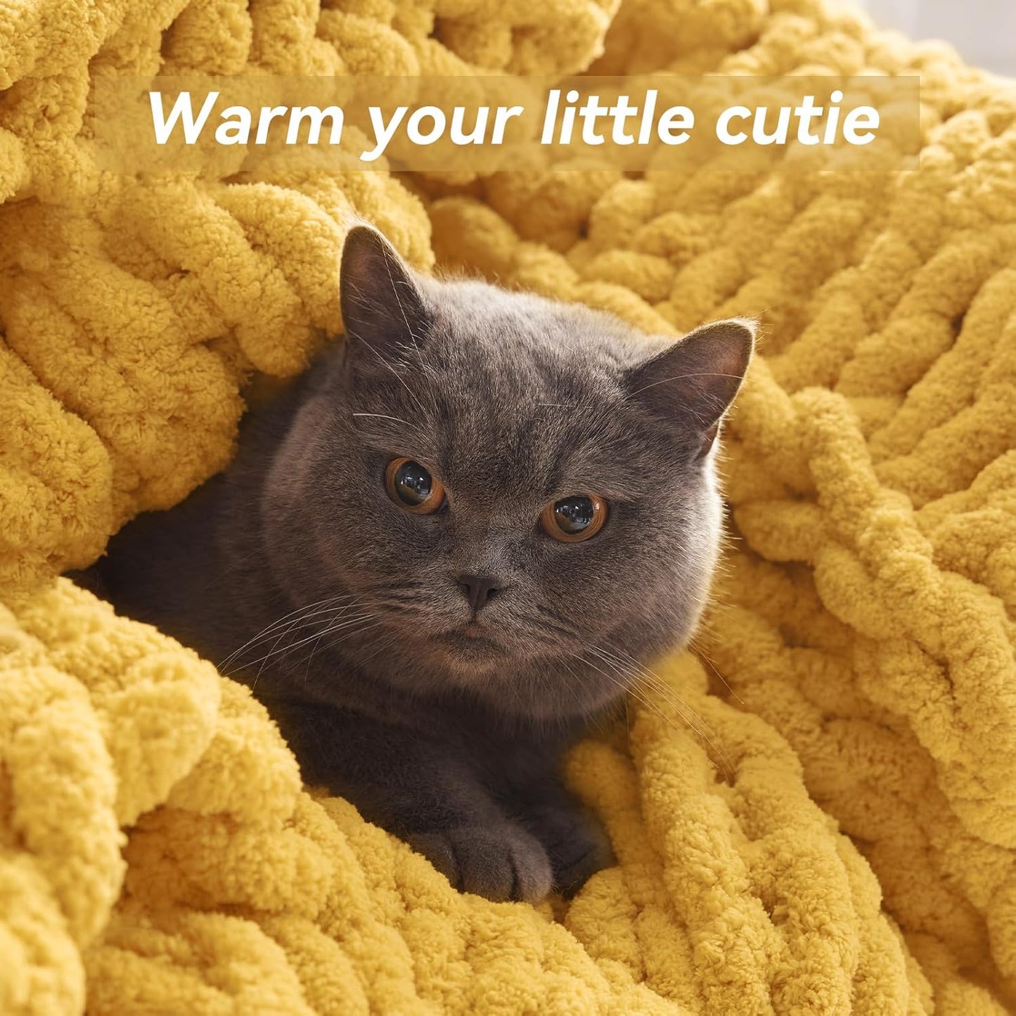 Chunky Knit Throw Blanket, 60''*80'' Knitted Throw Chenille Yarn for Bed Couch, Handmade Yellow Crochet Big Thick Blanket, Machine Washable Cute Comfy Blanket for Home Decor