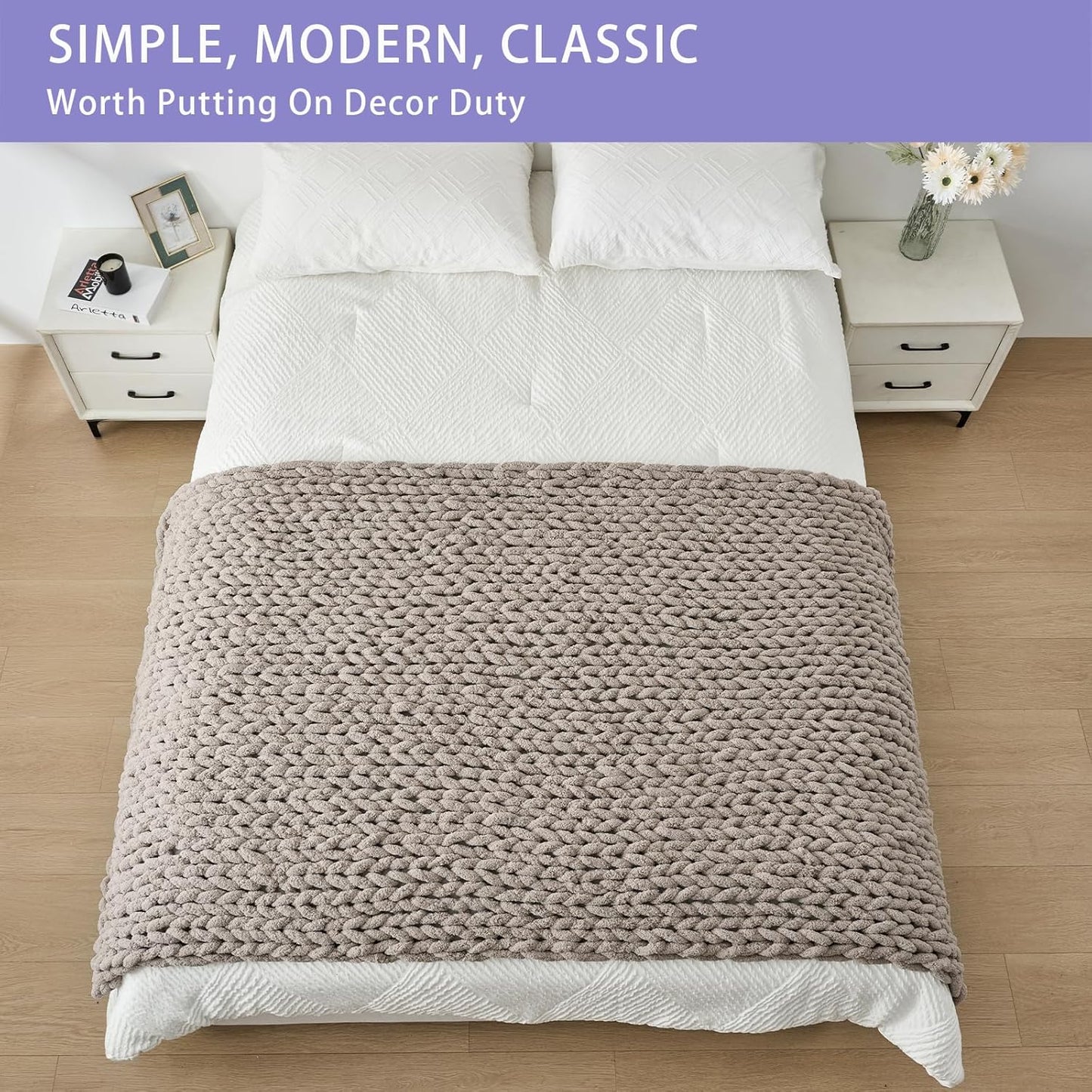 Bigacogo Chunky Knit Throw Blanket for Couch, 40x80 inches, 100% Hand Knitted with Thick Jumbo Chenille Yarn, Cozy Soft Large Rope Knot Cable Crochet Blankets for Sofa Bed Living Room, Taupe