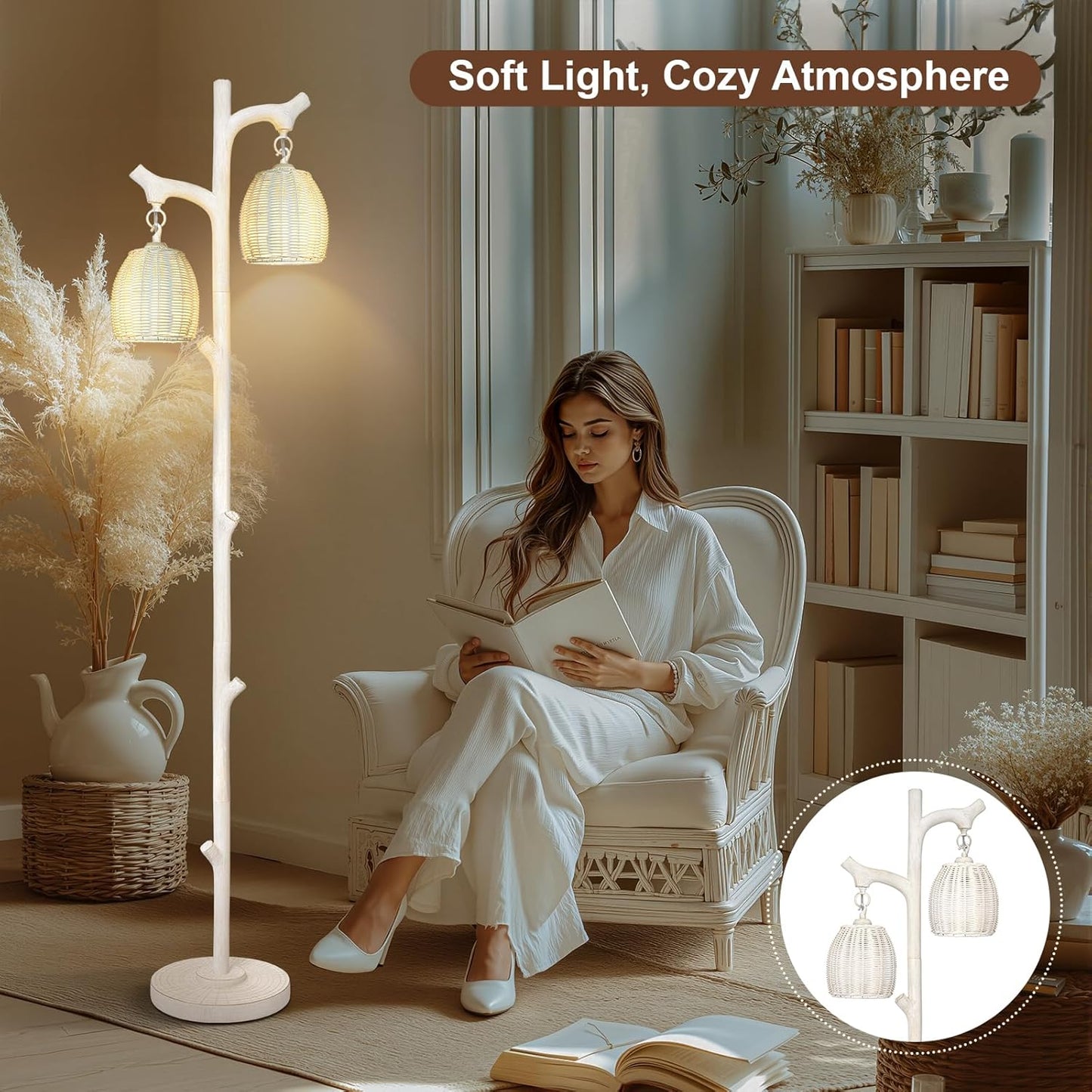 Scenekoy Rustic 68” Tall Floor Lamp with Rattan Shade, Retro Standing Lamp Tree Trunk Washed White Finish & Resin Body, Dimmable Corner Lamp with Bulb Prefer for Living Room Bedroom Home Decor