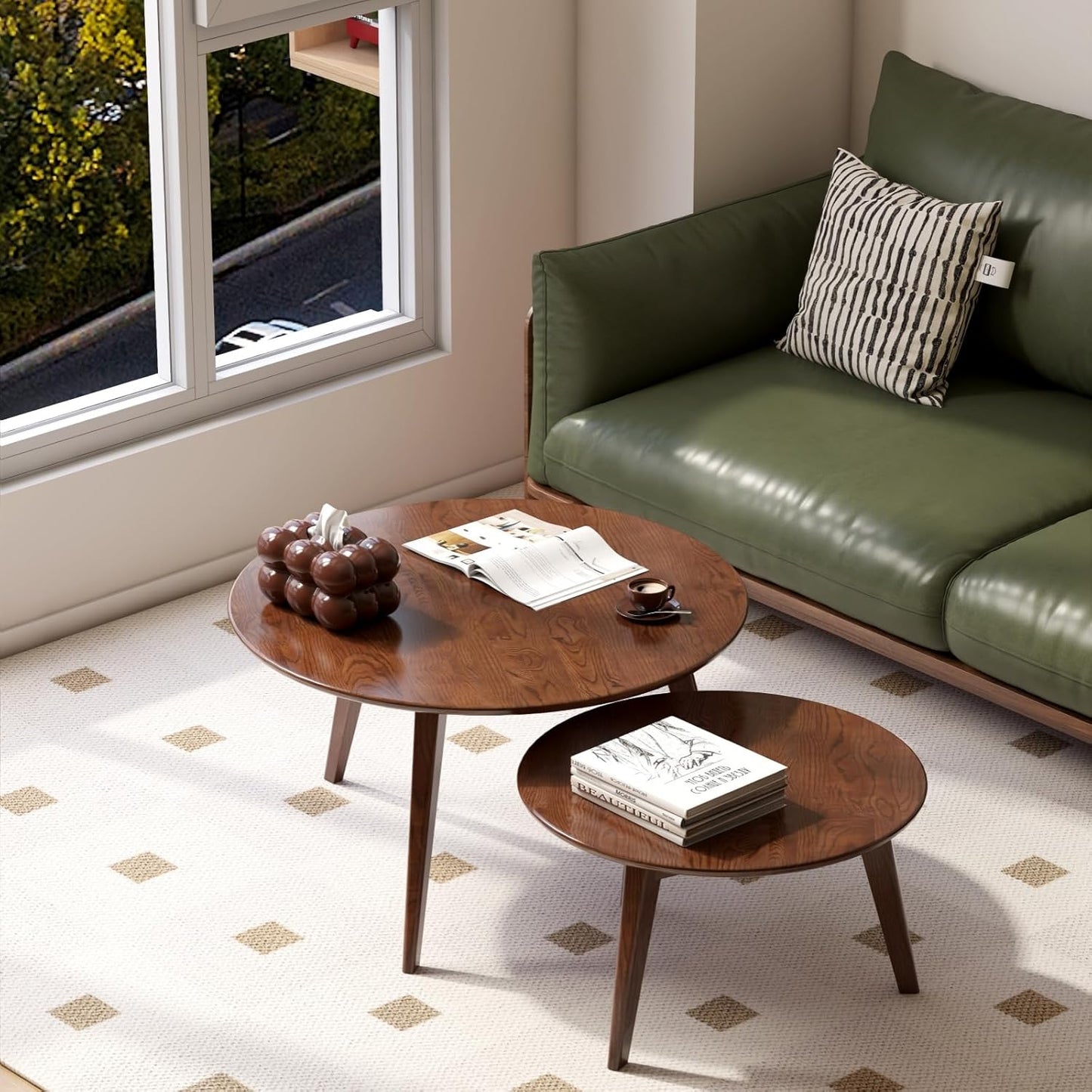 100% Solid Oak Wood Coffee Table Set, Round Coffee Table Combo Side Table w/Solid Wood Legs, Mid Century Table Sturdy Tables for Bedroom Balcony Living Room (Walnut, Big-Medium Combo)