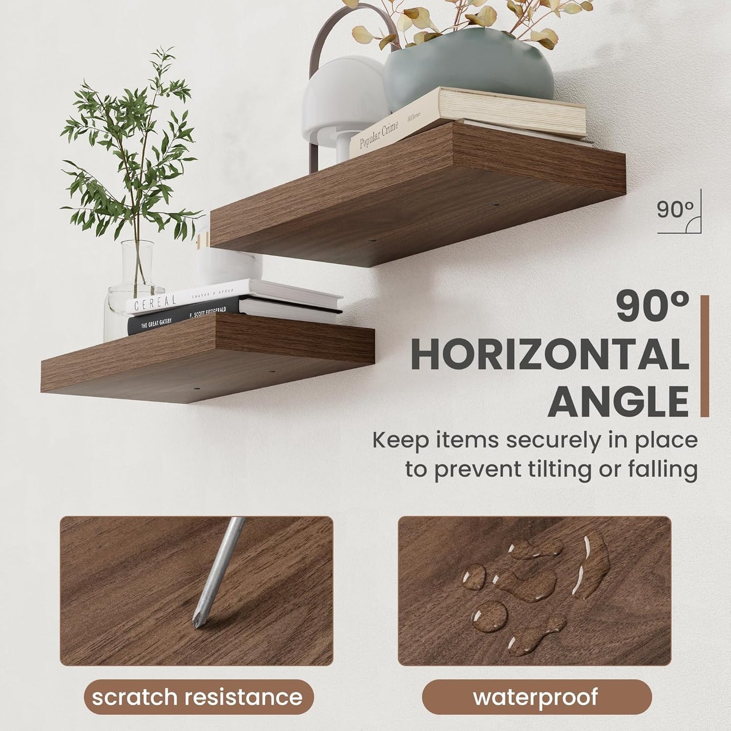 40 Inch Floating Shelves, 8 Inch Deep Floating Shelves for Wall, Hanging Shelf with Invisible Brackets, Deep Shelves for Bathroom, Bedroom, Living Room, Walnut, Set of 2