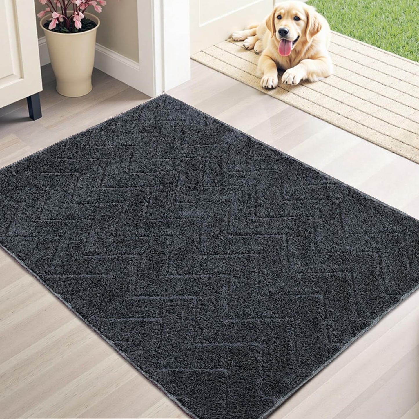 Stiio Dirt Trapper Door Mat 32x47 Inches, Front Doormat Indoor Outdoor Entrance Low Pile, All-Season, All-Weather Absorbent Entry Rug, Washable Non Slip Rug for Entryway, Dark Grey