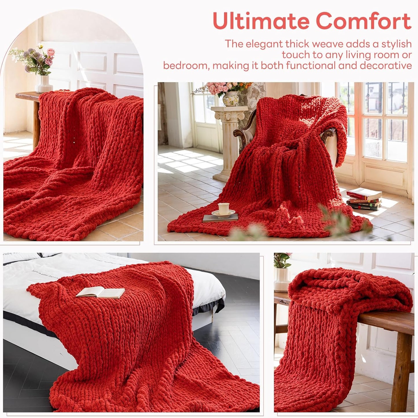 Chunky Knit Blanket - Luxury Soft Cozy 60 * 80 Throw Blanket,100% Woven Blanket Rope Knot Throw Blanket for Couch, Sofa, Home Decor, Gift - Machine Washable（Wine red）