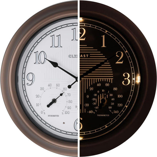 CLXEAST 18 Inch Illuminated Outdoor Indoor Atomic Analog Wall Clock with Temperature & Humidity, Lighted Outdoor Clocks for Patio Large Waterproof with Thermometer,Bronze Finish,House Warming Gifts