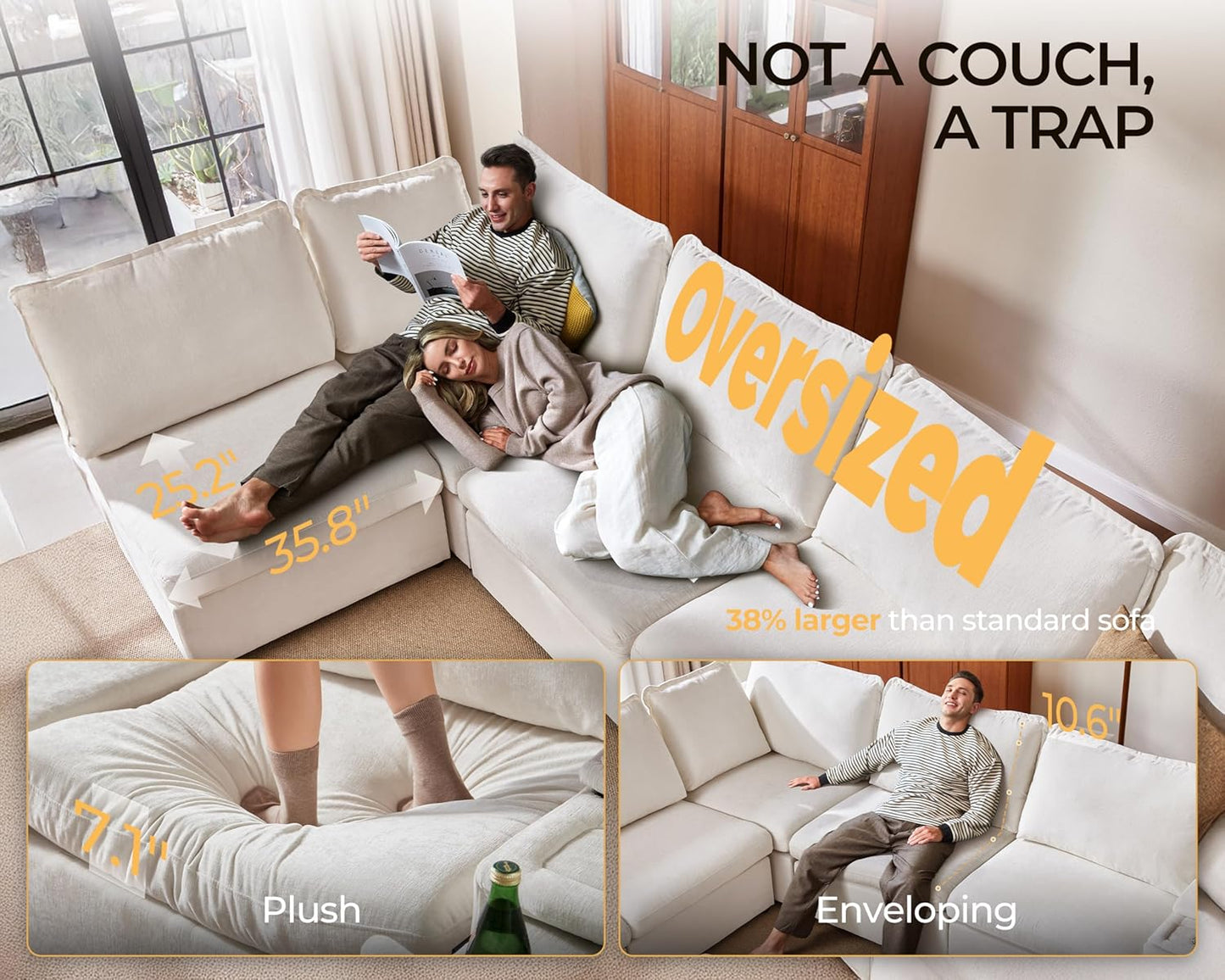 Oversized Modular Sofa Comfy Cloud Couch with Storage, Extra Deep Plush Sectional Sofa Set for Living Room, Covers Washable, Chenille, Olar (White, 4-Seater with Ottoman, l-Shaped)