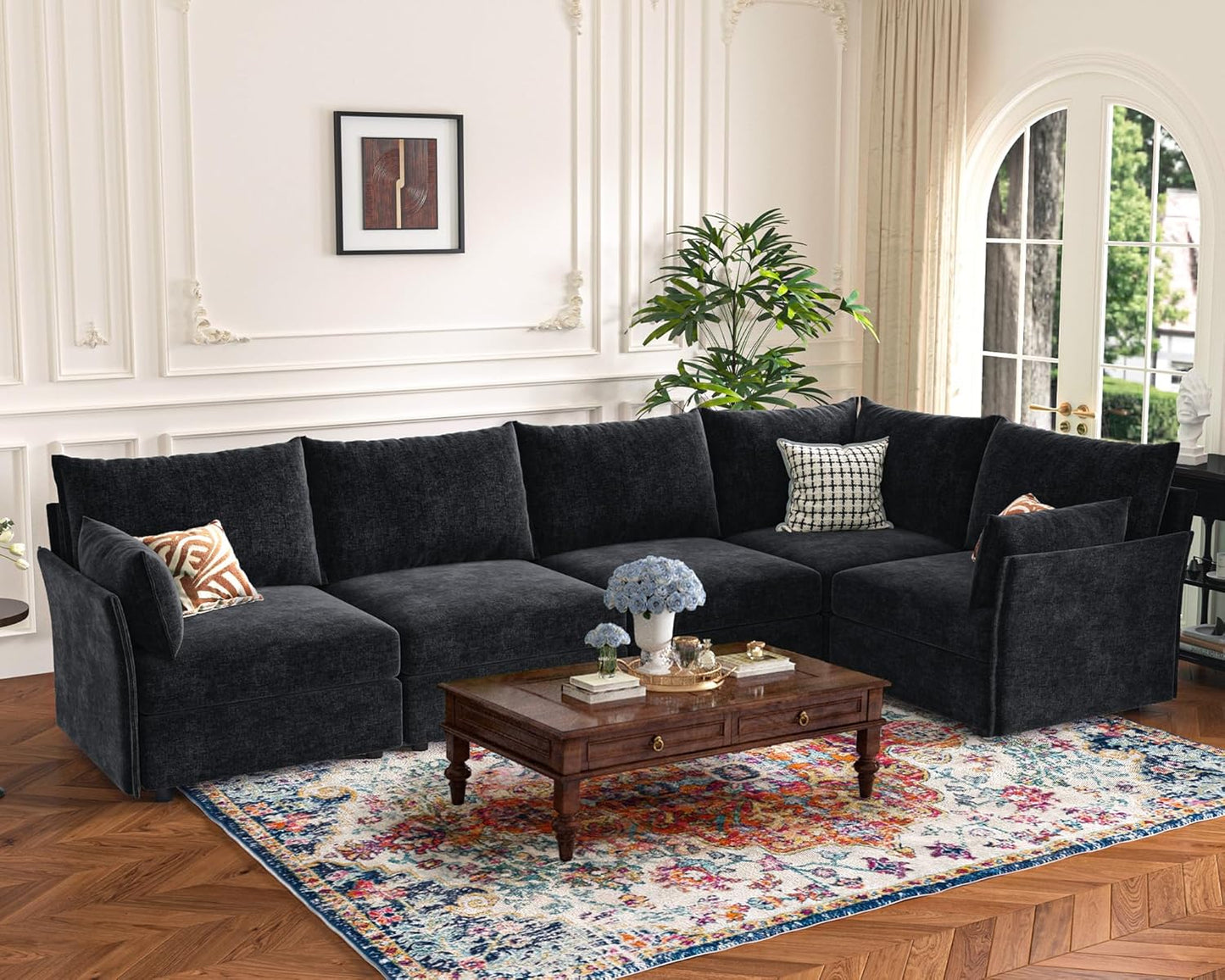 135.5" Oversized Modular Sectional Sofa, L Shaped Convertible Couch with Movable Ottoman, 5 Seat Corner Couches for Living Room Deep Seat Black Chenille