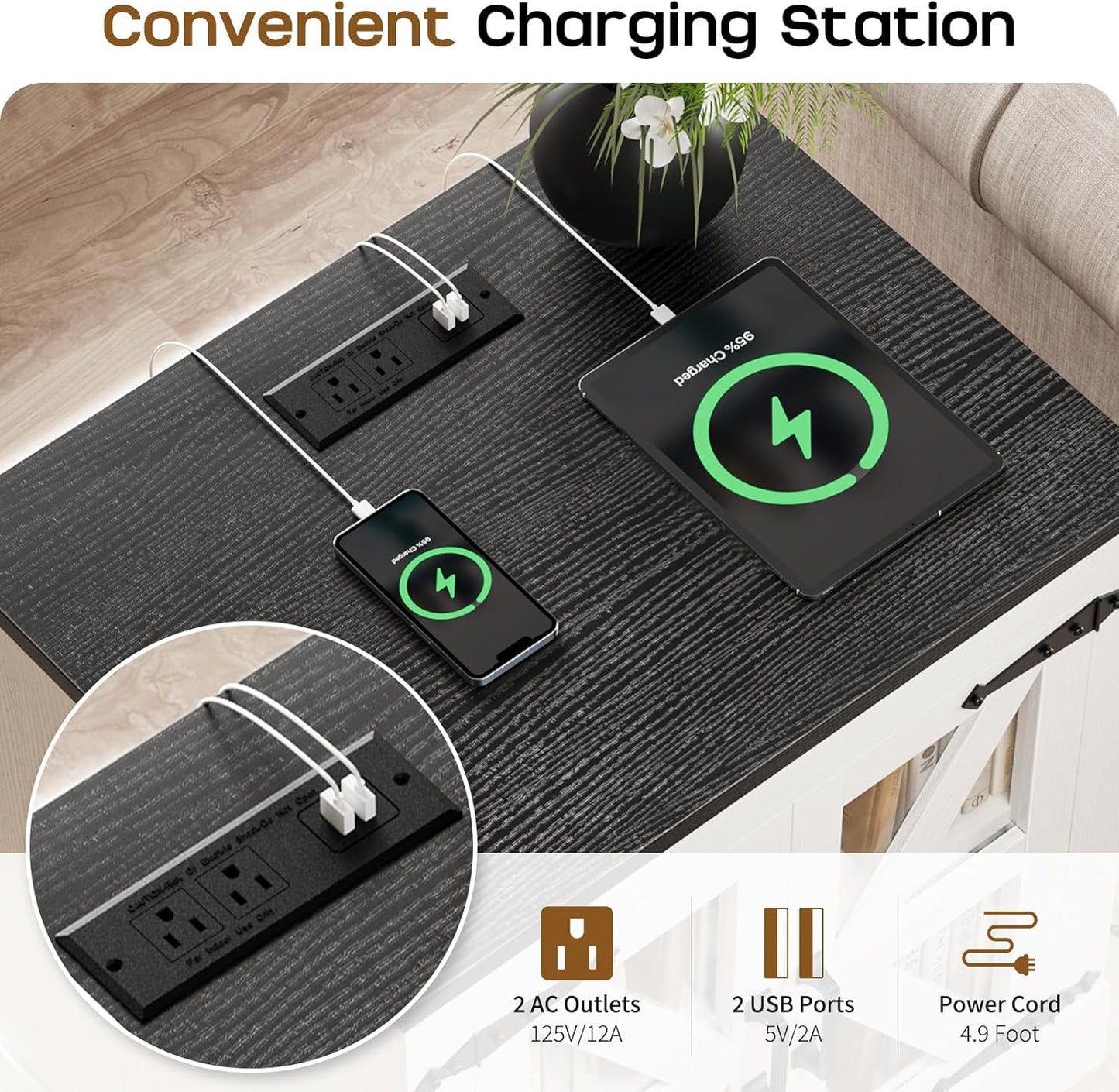 Farmhouse Side Table - 24" Large Night Stand Set 2, Wood Nightstand with Charging Station, Bedside Table with Adjustable Shelf, End Tables Living Room, Rustic Bed Side Tables Bedroom, White