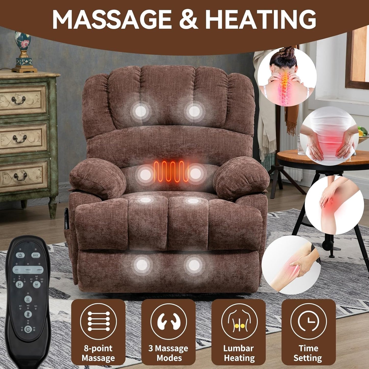Large Power Lift Recliner Chair with Massage and Heat for Elderly, Ergonomic Backrest, Infinite Adjust, 2 Side Pockets,USB and Type-C Ports, Chenille Brown