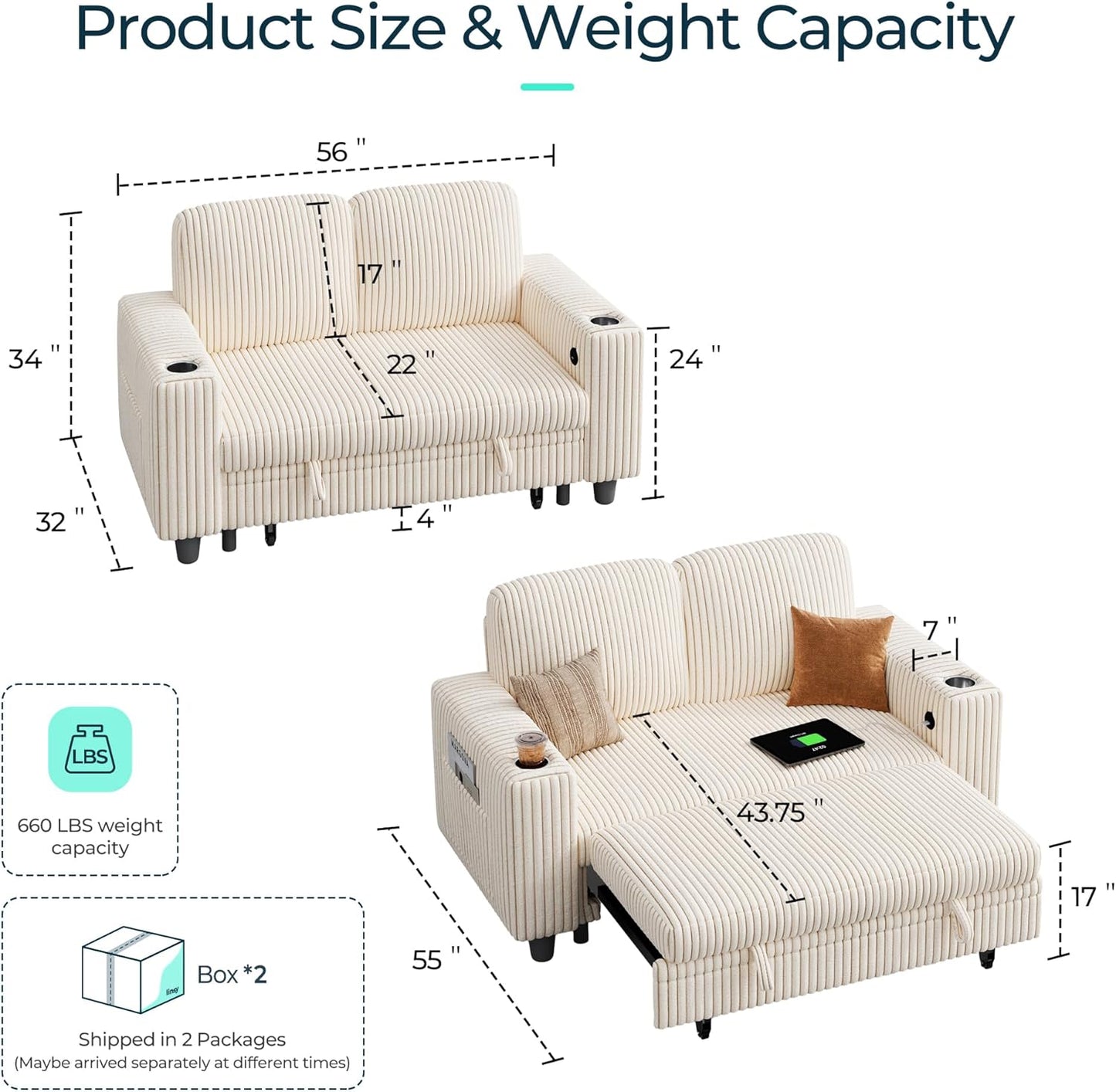 LINSY HOME Loveseat Sofa with Pull Out Couch Chaise: 2-in-1 Convertible 2 Seater Sofa with USB Charging & Cup Holders, Comfy Plush Corduroy Love Seat for Small Spaces Living Room Apartment, Beige
