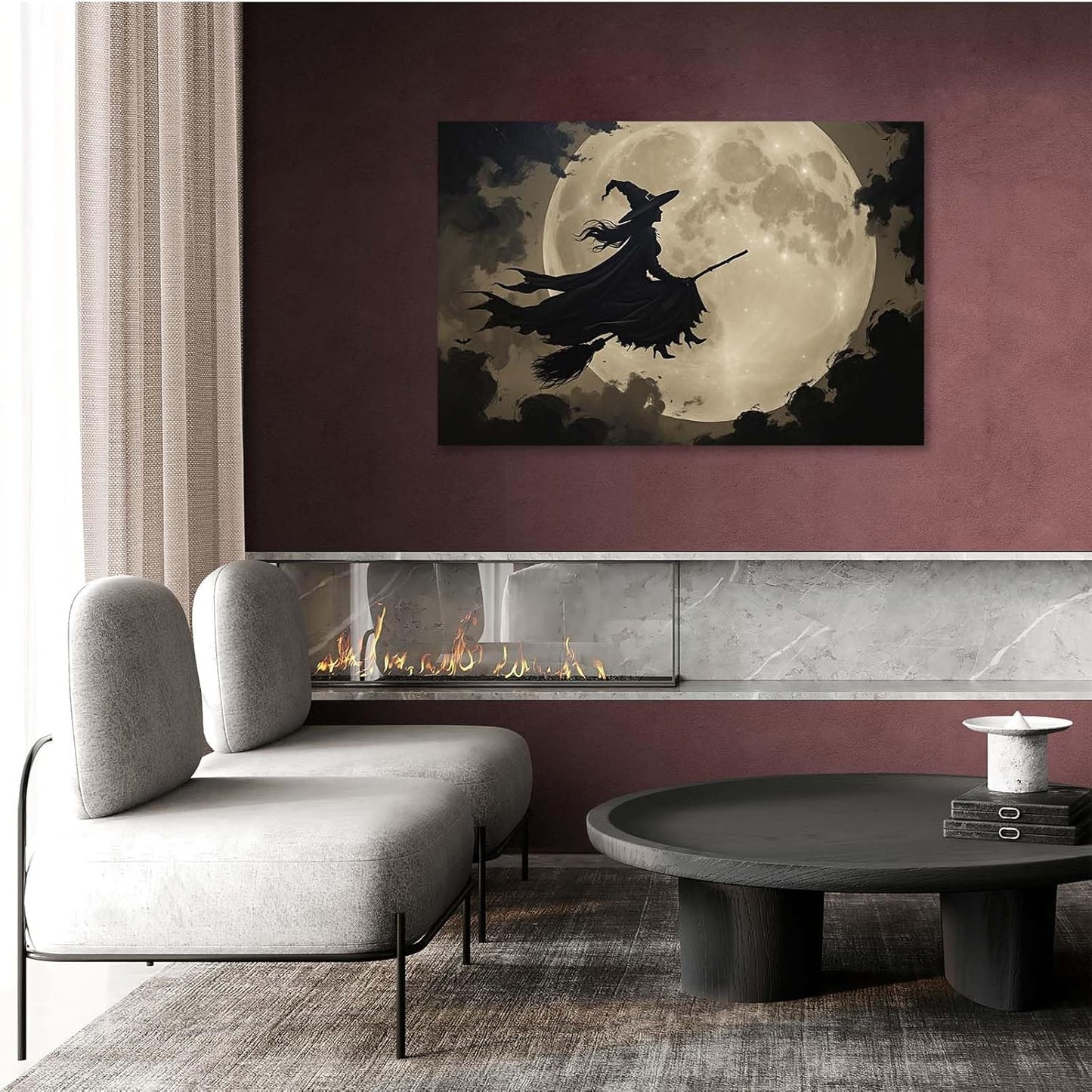 JFHCQJPK Full moon witch silhouette poster witch on magic broom Halloween mural poster decorative mural art suitable for home living room bedroom28x40in Frameless