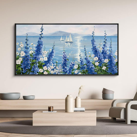 XLSJERST Sailboat Wall Art - Blue Canvas Abstract Painting Textured Picture Artwork Vintage Nautical Flower Painting Coastal Modern Print 20"x40" Frame for Living Room Bedroom Office Home Decoration