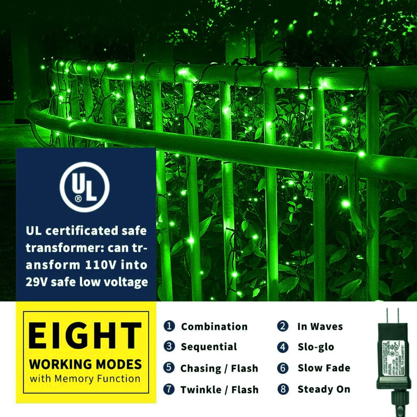 XTF2015 105ft 300 LED Christmas String Lights, End to End Plug 8 Modes Christmas Lights UL Certified Outdoor Indoor Fairy Light Tree, Patio, Garden, Party, Wedding, Holiday (Green)