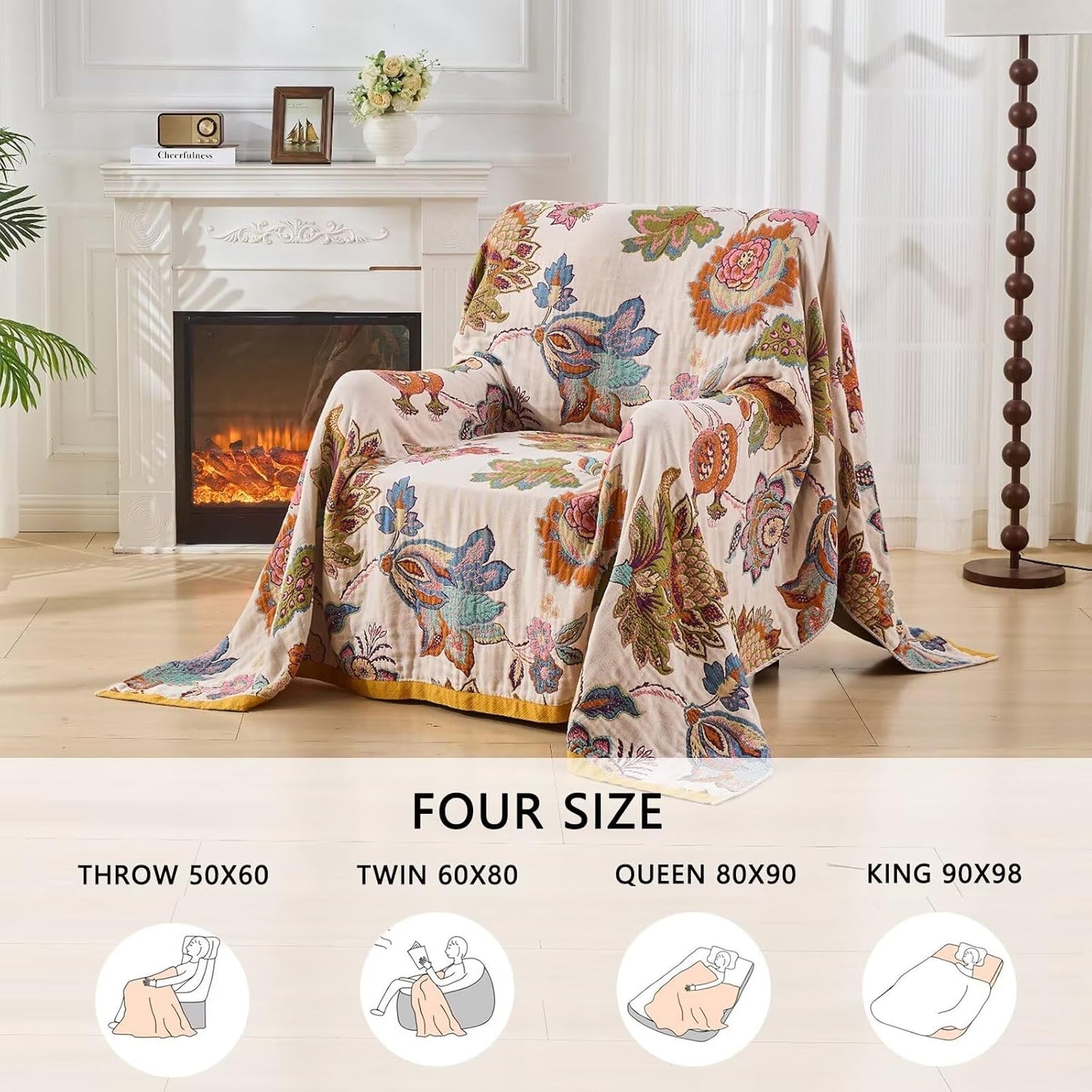 Summer Boho Throw Blanket for Bed, Multi Reversible Blanket Washable Breathable,Lightweight 4-Layer King Size Quilt for Bed,Floral Birds, 100% Cotton Muslin Large Travel Throw Blanket,90"x98"