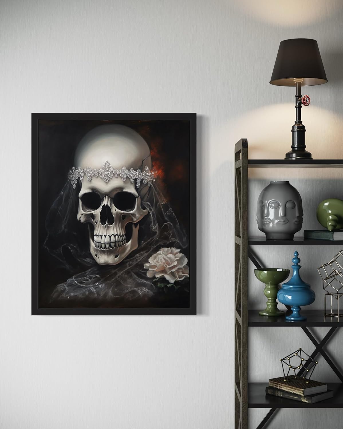 Skull Bride Poster Art Print, Halloween Scary Vintage Wall Art Academia Spooky Painting Decoration for Horror Prints, Gothic Posters Bedroom Decor 89 (Skull Bride, 11 x 14 inches, Black Frame)