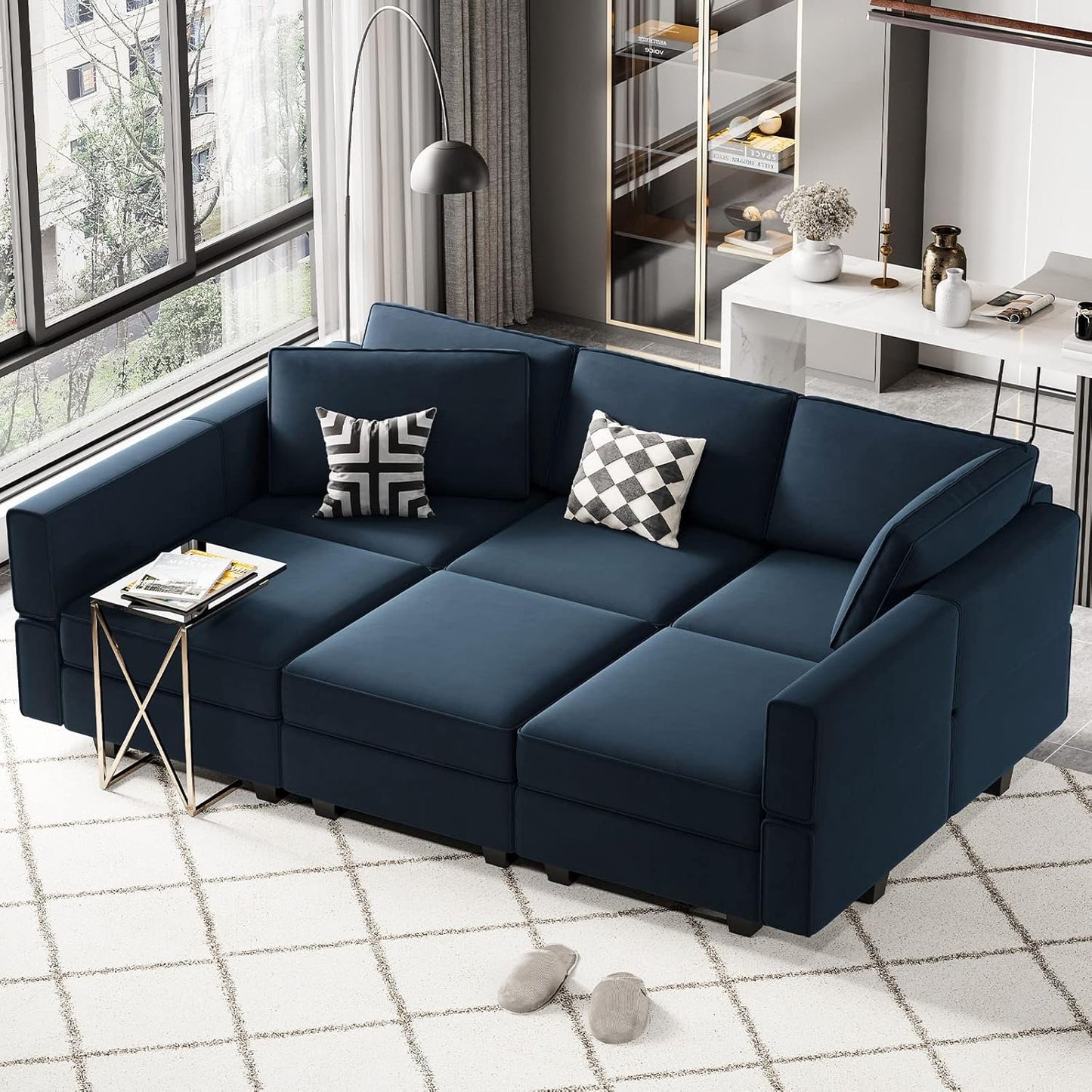 Belffin Modular Velvet Sectional Sofa with Chaise Lounge Sectional Sleeper Sofa with Storage Chaise Bed Couch for Living Room Blue