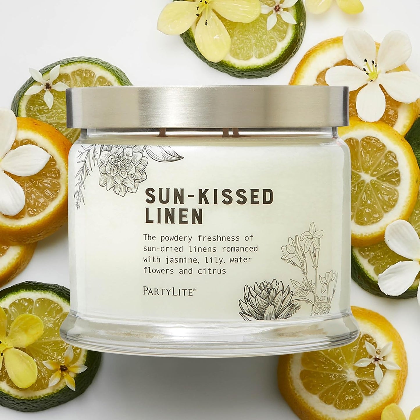 PartyLite Sun-Kissed Linen Scented, Notes of Jasmine Musk, Lily & Citrus, 13.2oz 3-Wick Jar Candle, 45 Hour Burn Time, Luxurious Fragrance, Ideal for Gifting