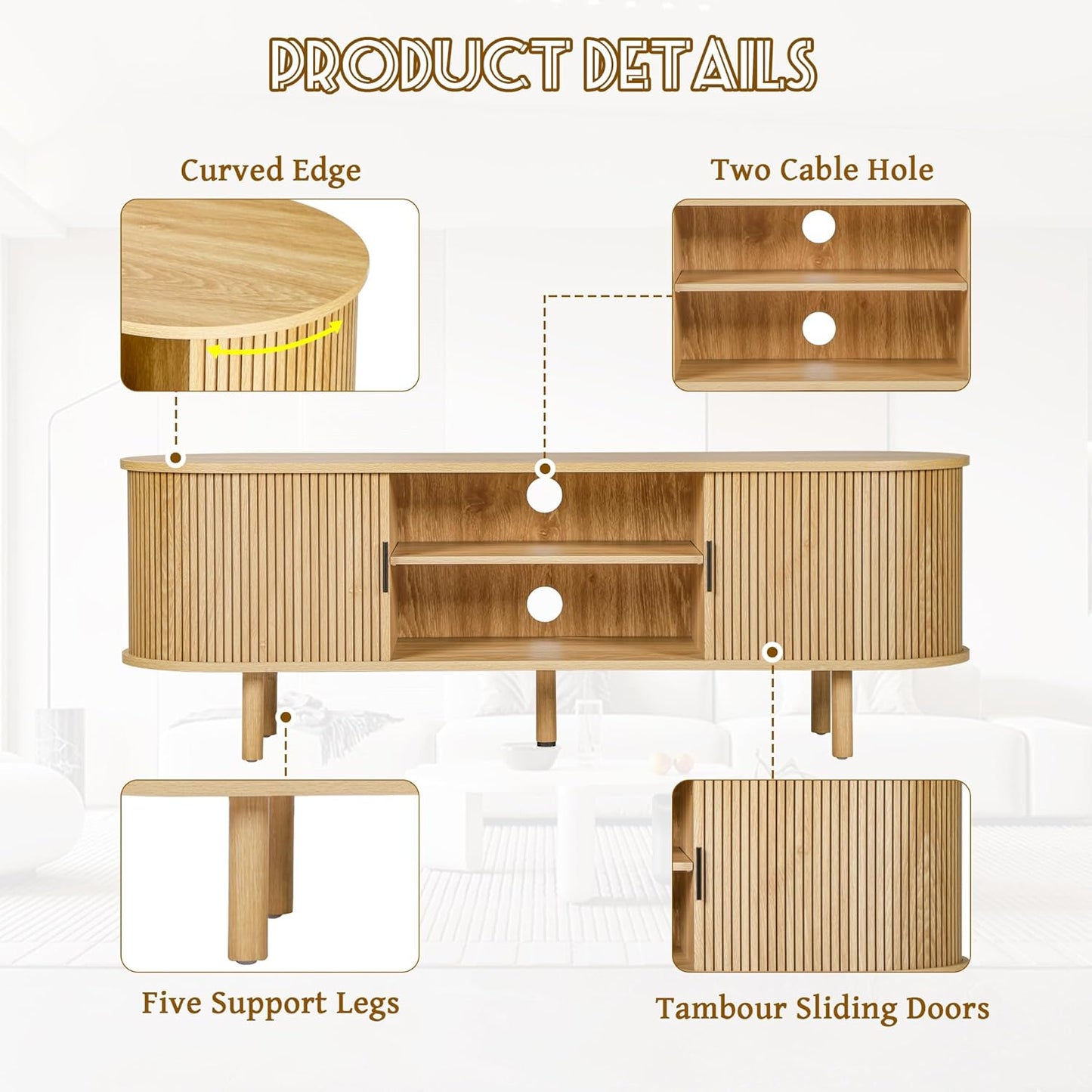 54" Tambour Door TV Stand,Wood Mid Century Modern TV Cabinet for Up to 65“ TV,Curved Edge Long TV Stand with Storage for Bedroom Living Room(Natural, 54inch)