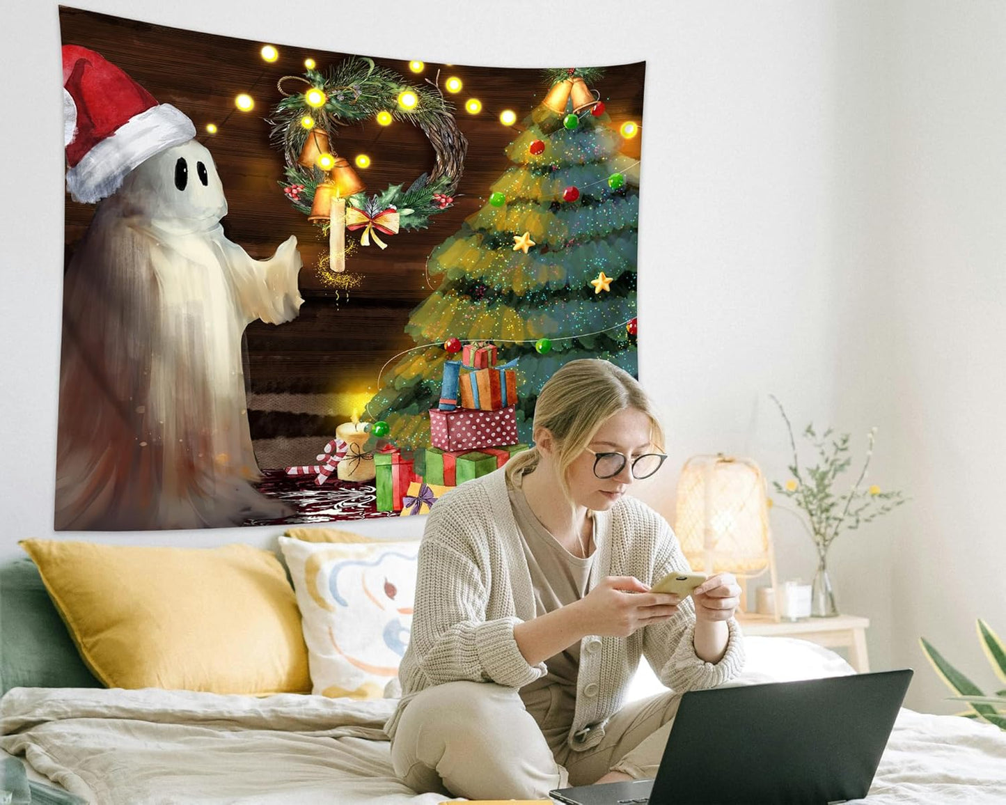 QGHOT Christmas Tapestry Wall Hanging Christmas Tree Backdrop Cute Ghost Wall Decor Xmas Holiday Tapestries for Kids Bedroom Living Room Dorm Party Decoration, Extra Large