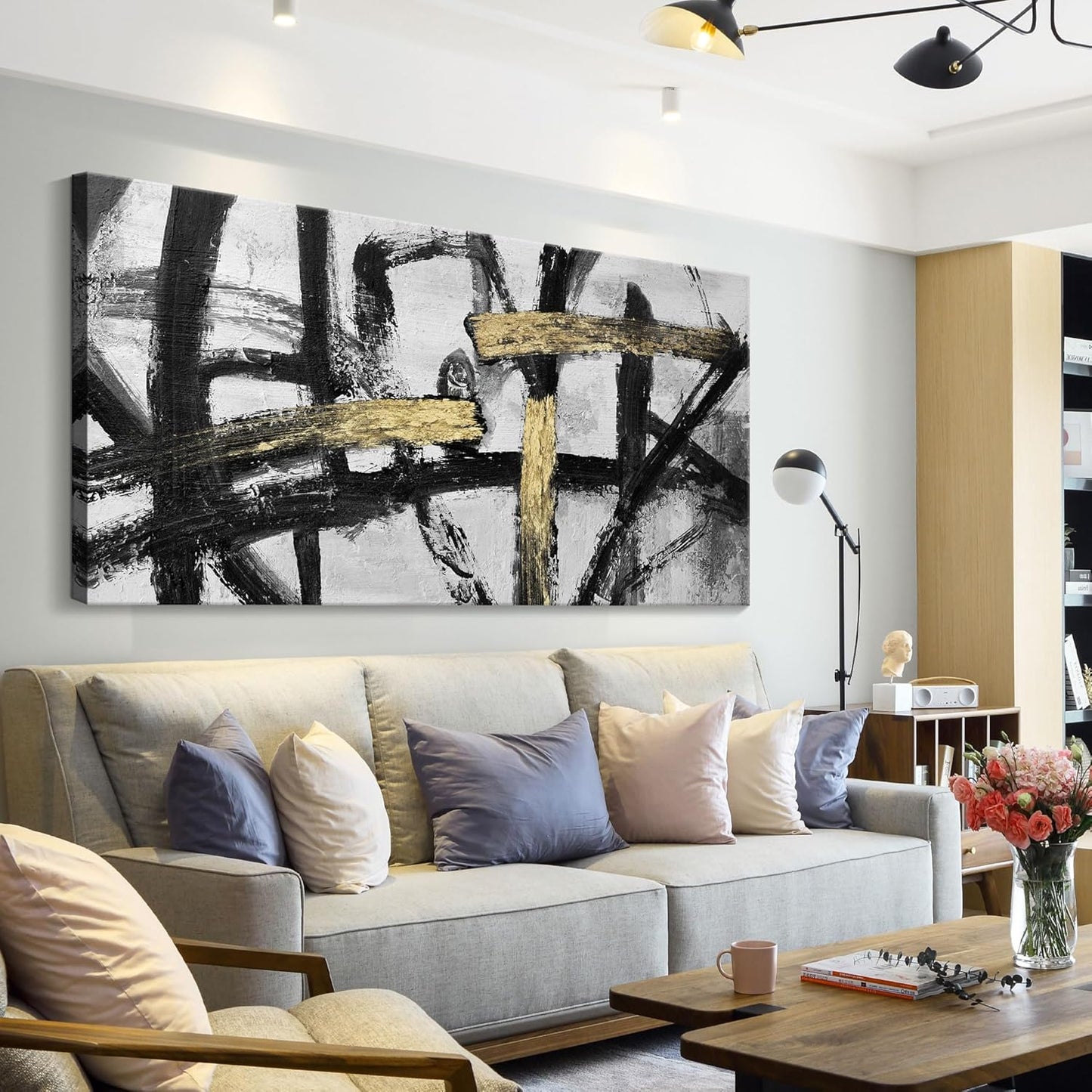 Large Black and White Wall Art, Modern Paintings Gold Abstract Graffiti Canvas Artwork Wall Pictures for Living Room Bedroom Dining Room Home Office Decor 24x48 In