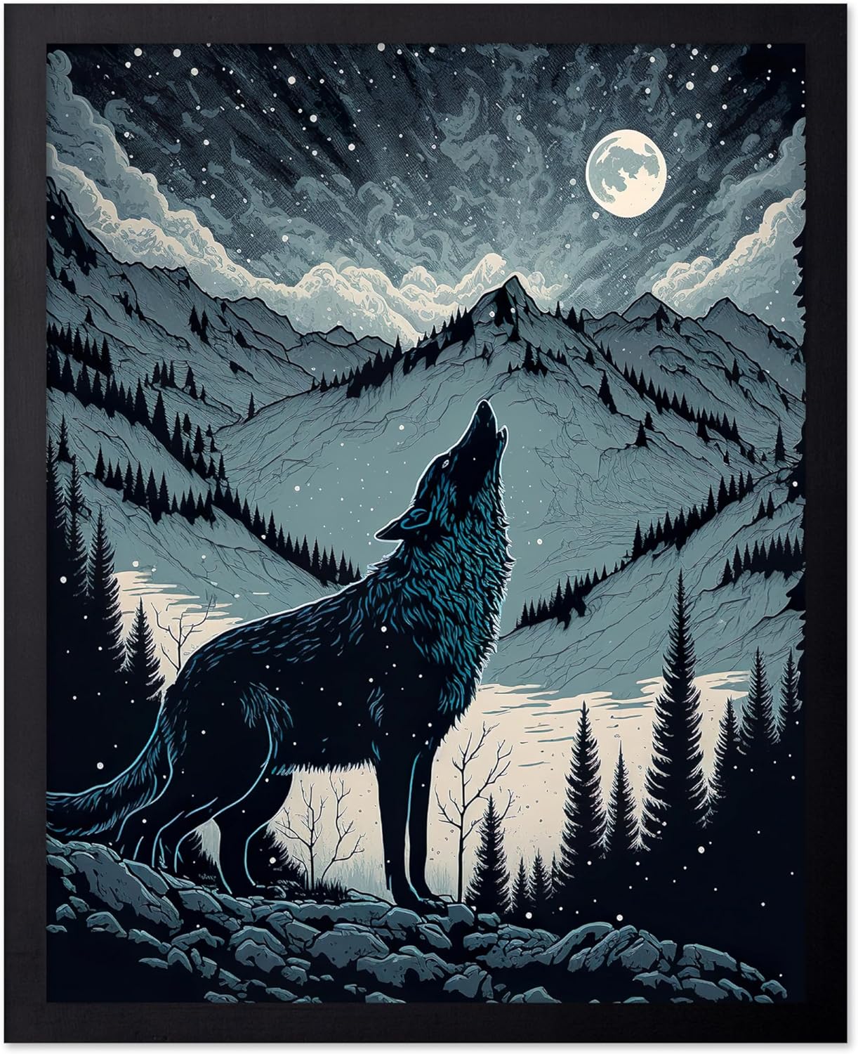 Poster Master Vintage Illustration Poster - Retro Animal Print - Gift for Artist, Friend - Wolf Howling at the Moon, Mountain, Snow, Landscape - Wall Decor for Home, Office, 16x20 Black Framed