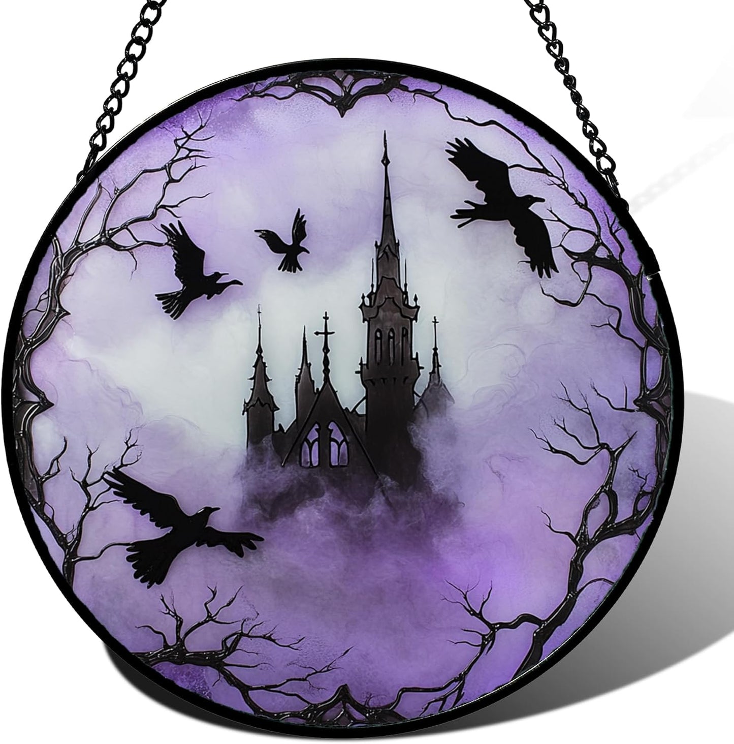 Stained Glass Window Hanging - Halloween Gothic Castle Purple Smoke Suncatcher for Doors Garden Home Spooky Crow Sun Catchers Gothic Decor Horror Gift for Women Men Friend Boy Girl 15 in