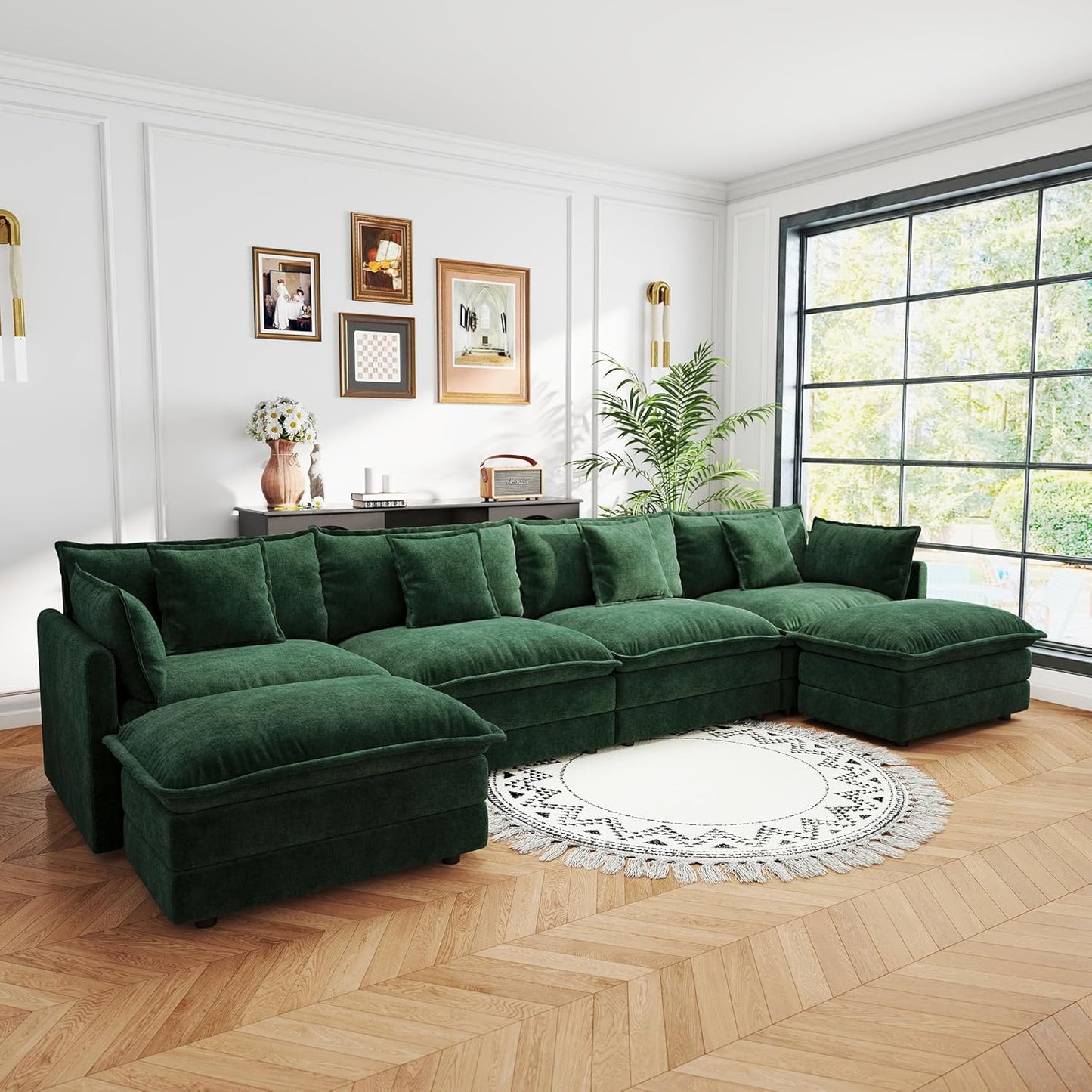 Sectional Sofa 4 Seater with Movable 2 Ottomans,Oversized Modular Couch Deep Seat (Green, 146.5 inch-U)