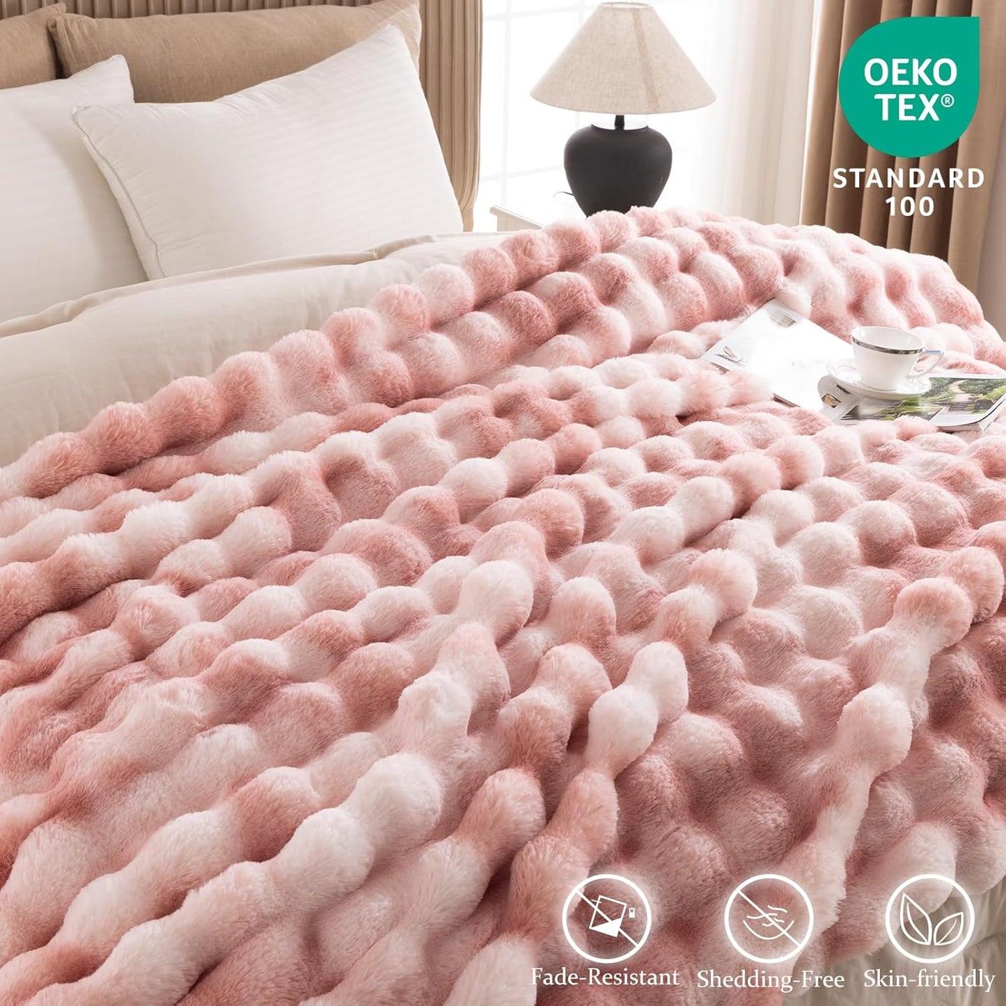 Cozy Faux Fur Throw Blanket for Couch-Warm Fuzzy Throw Blanket, Soft Plush Thick Bubble Blankets for Bedroom and Living Room, Furry Luxury Blanket, 90 x 90, Tie-Dye Pink