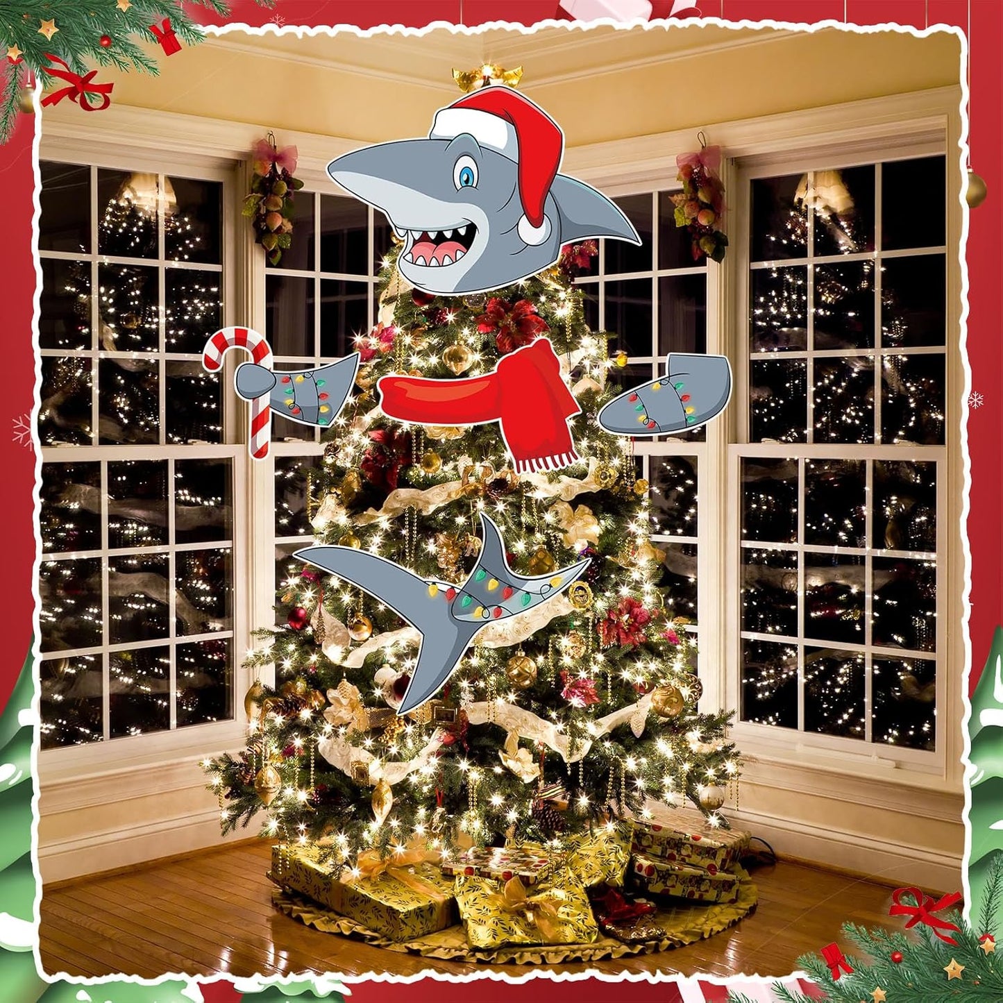 Shark Christmas Tree Topper Xmas Shark Party Decorative Tree Ornaments Head Hands and Tail Decor for Holiday Christmas Indoor Home Decorations Party Supplies
