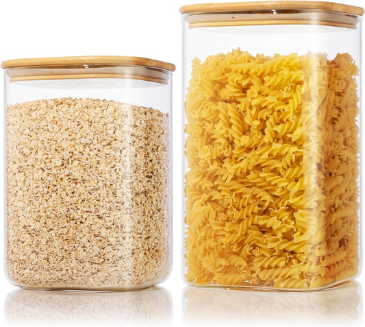 Extra Large Square Glass Flour & Sugar Storage Containers with Airtight Lids, 168 floz & 84 floz - 2 Pack Glass Jars with Bamboo Lids, Air tight Food Storage Containers for Cereal, Pasta, Rice