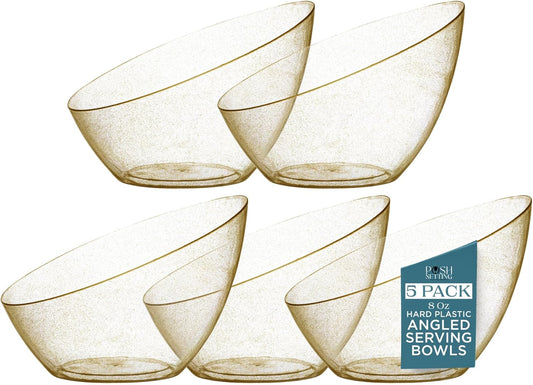 Posh Setting Gold Plastic Serving Bowls - Angled, Disposable for Chips, Candy, Salad, Fruit - Wedding and Party Table - Gold Glitter, 8 OZ, 5 Pack