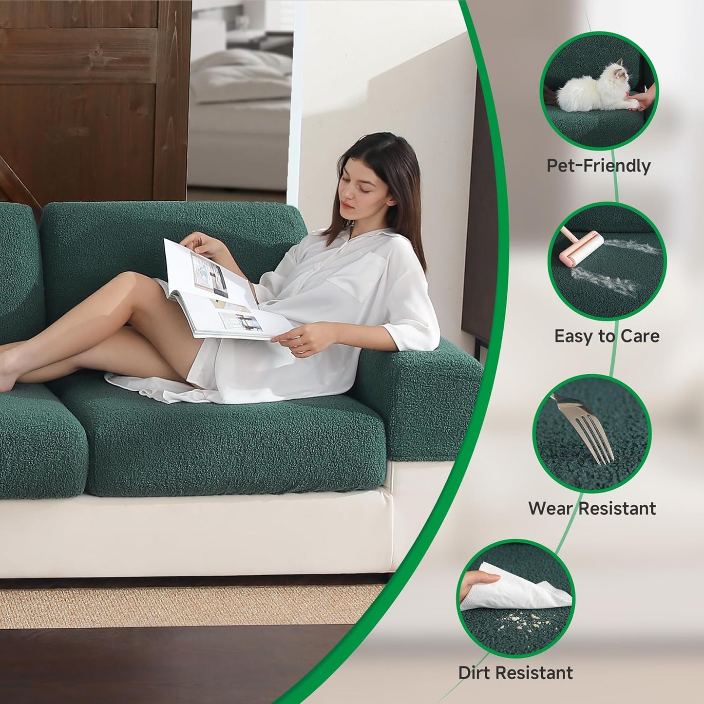 Couch Cushion Covers for Sectional Sofa, Stretch Soft Sofa Slipcovers Washable Wear-Resistant Universal Furniture Protector for Living Room(3 Seaters Covers, Green)