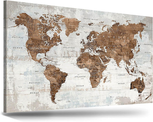 Large Wall Art Vintage Brown World Map Canvas Pictures for Men Home Office Bedroom Wall Decor for Living Room Oversize Artwork
