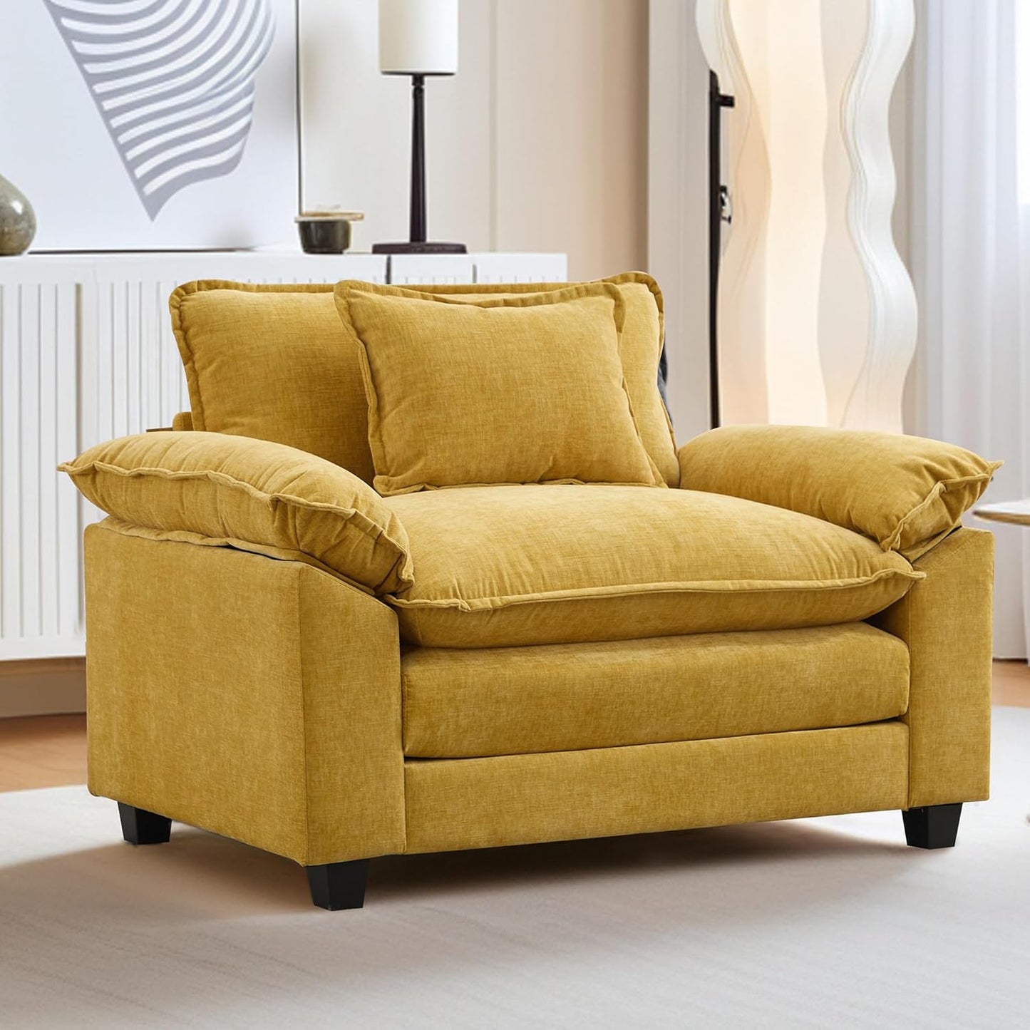 URRED Modular Sectional Sofa Comfy Cloud Couch, Modern Chenille Sofa Sleeper Deep Seat Couches with Ottoman/Pillows for Living Room (Yellow, 53'')