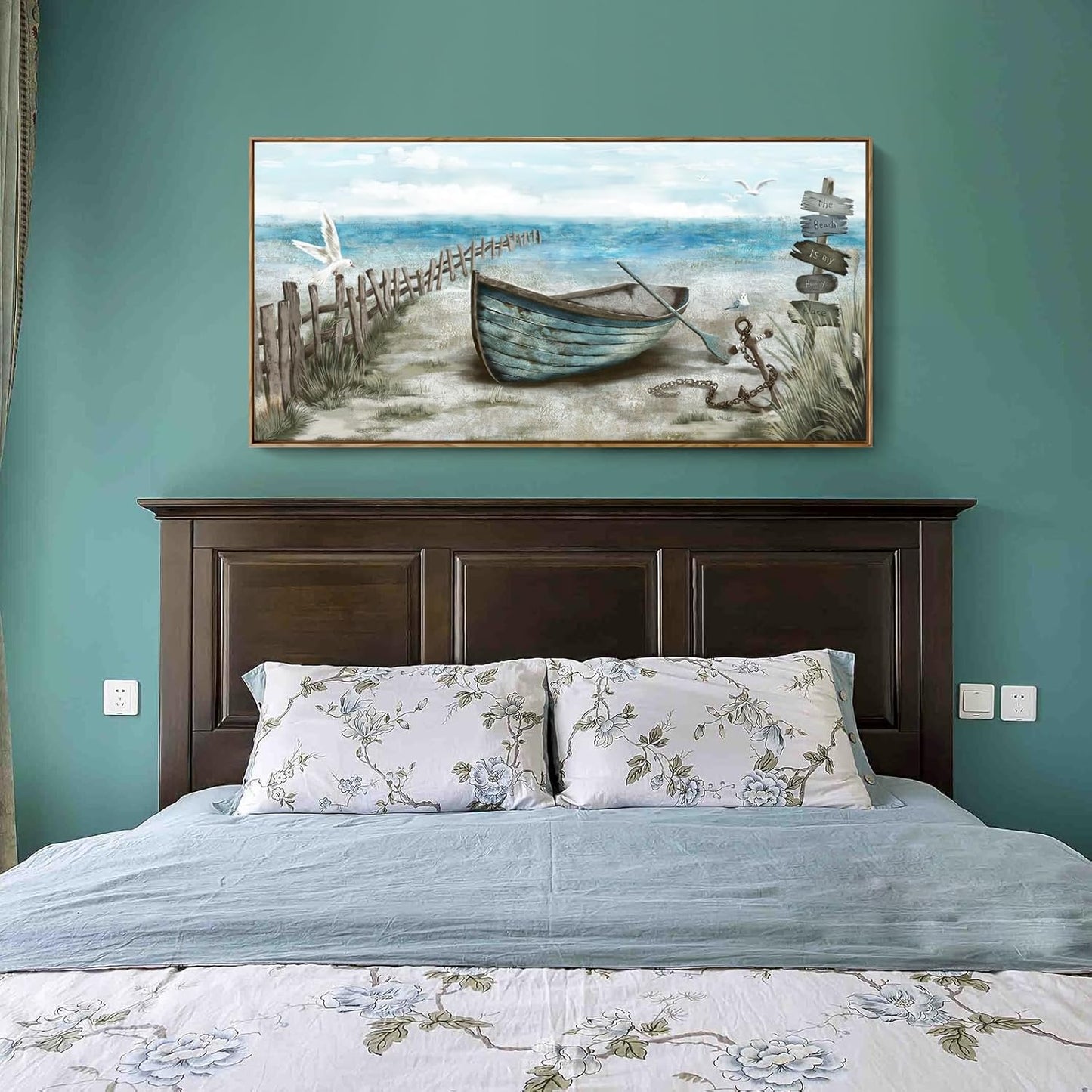 Large Framed Wall Art for Living Room Coastal Canvas Picture Seagull Vintage Boat Artwork Ocean Sea Bird Canvas Print Nautical Rowboat Blue Teal Rustic Beach Themed Farmhouse Bedroom Office Decor