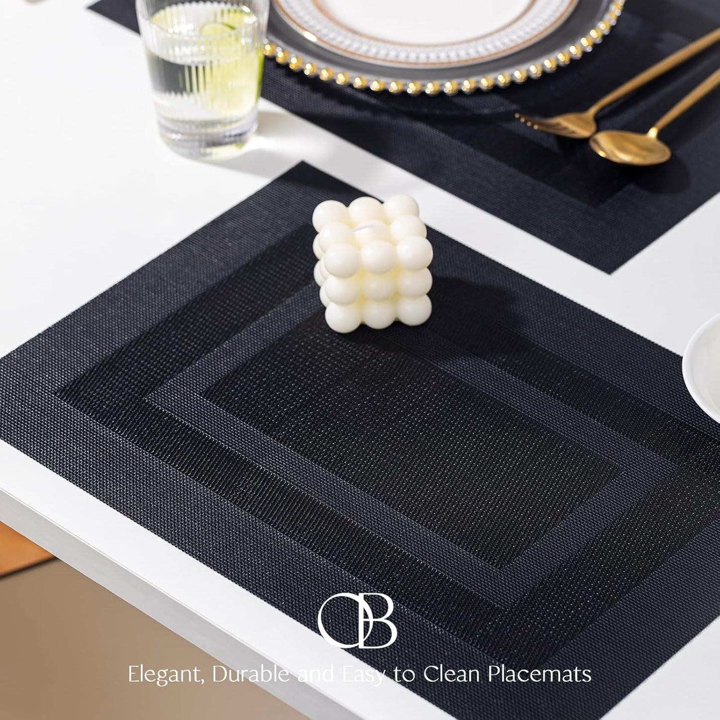 Placemats Set of 6 - Easy Clean Woven Vinyl Placemats for Dining Table, Indoor/Outdoor Place Mats, Washable PVC Table Mats（Black Cube）