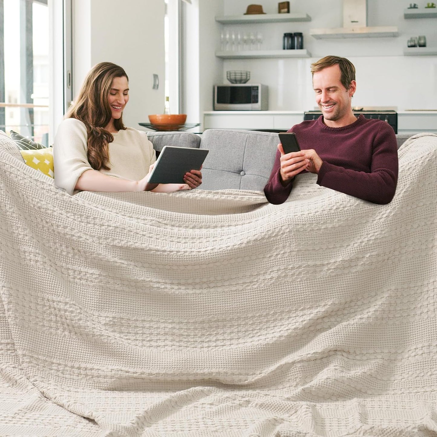 PHF 100% Cotton Waffle Blanket Oversized King 120"x120", Lightweight Breathable Extra Large 10'x10' Summer Blankets for Bed, Giant Big Luxury Aesthetic Woven Bedding for Home Decor, Oatmeal