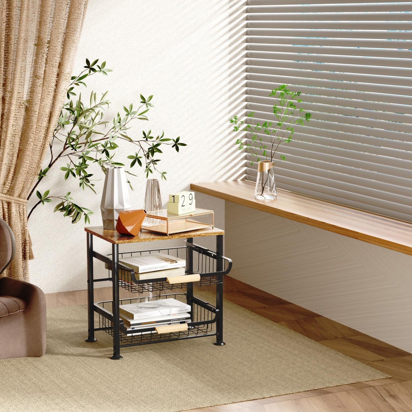 3-layer Kitchen Fruit Storage Basket Snack Rack, Countertop & Desktop Pull-out Metal Basket with Handle, Organizers