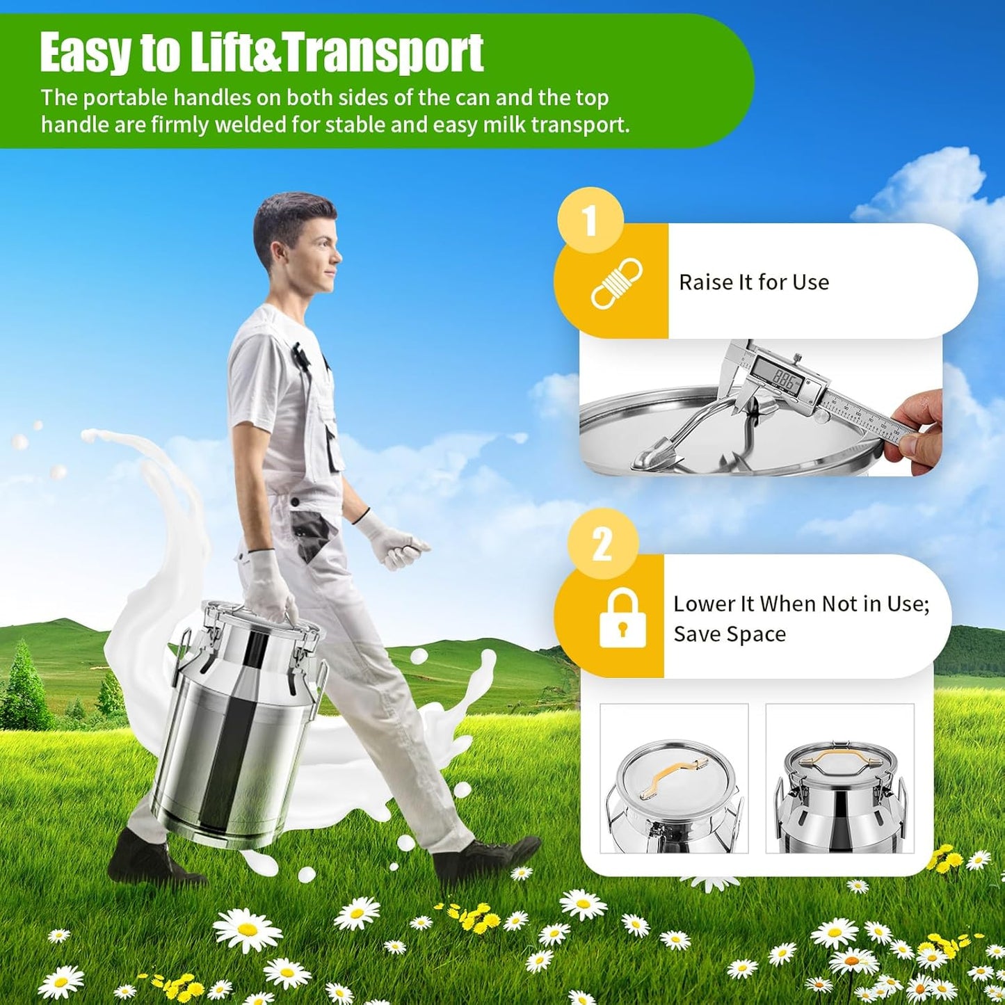 Stainless Steel Milk Can, 30L/7.9 Gallon Heavy Duty Airtight Storage Canister Milk Bucket with Lid, Embedded Silicone Milk Jug Wine Pail Water Cereals Bucket with Three Latches and Two Handles