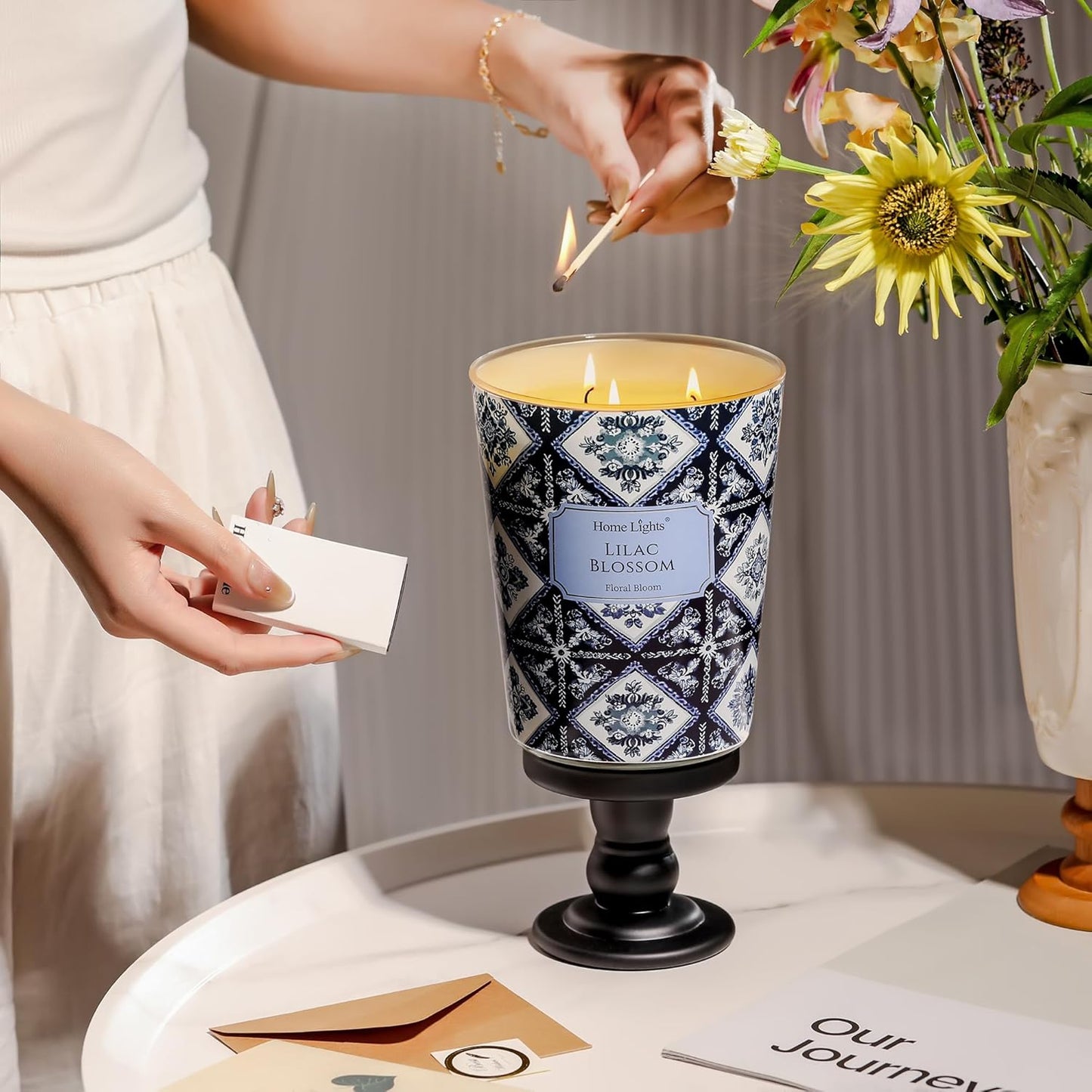 HomeLights Lilac Blossom Scented Candles | 34oz Soy Candles Bohemian Natural Textures 3-Wick Large Candle Jars | Ideal Candle Gifts for Events, Home Decor Stress, Relief & Relaxation