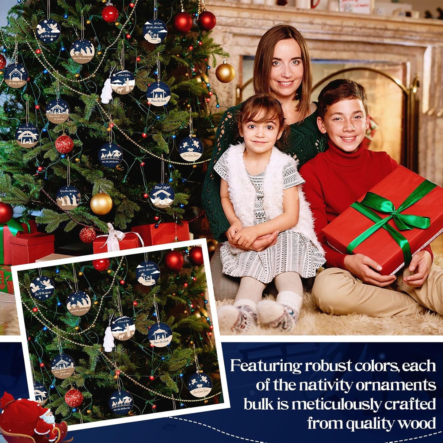 Soaoo 60 Pcs Nativity Scene Christmas Tree Ornament Christian Religious Ornaments Bulk Round Nativity Xmas Tree Hanging Wooden Decorations for Garden Yard Outdoor Home(Classic Style)