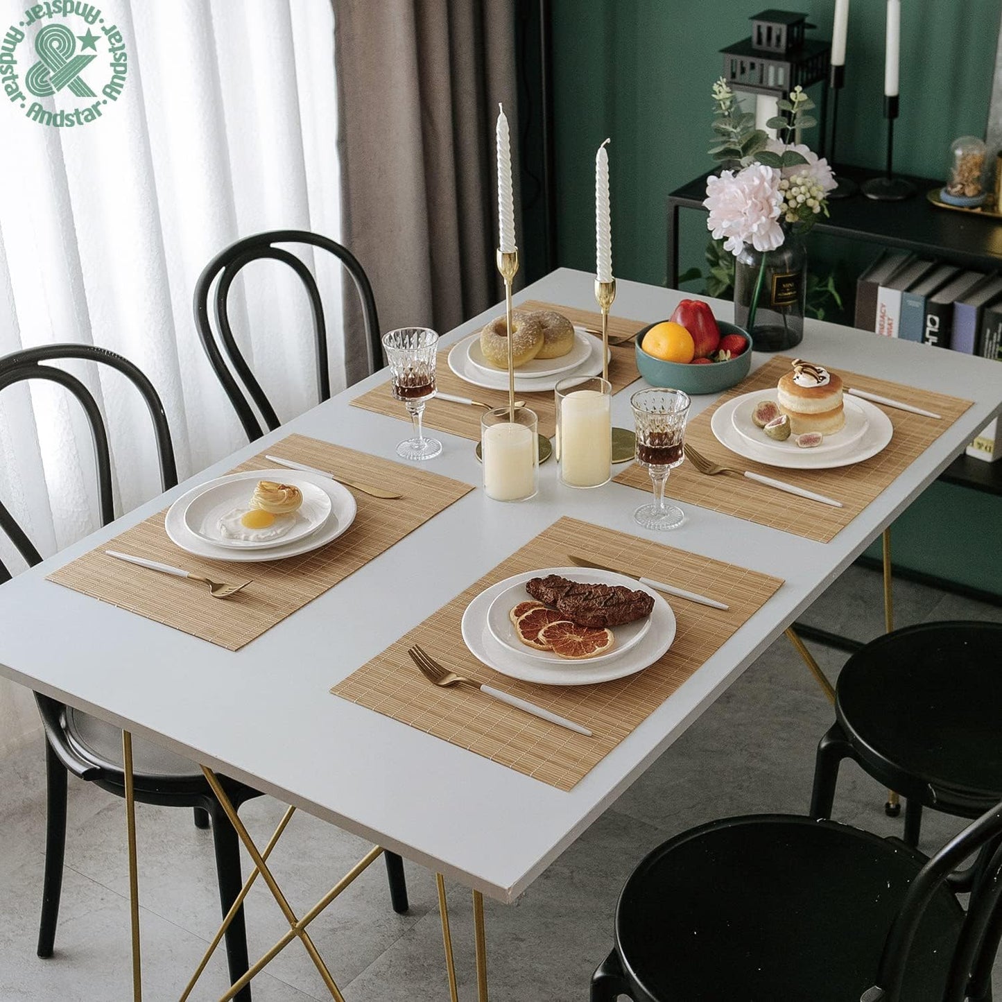 ANDSTAR Set of 8 Pcs Bamboo Placemats Sushi Rolling Mat Japanese Style Natural Anti-Slip, Washable Heat-Resistant Table Mats for Dining Room and Kitchen（Brown）