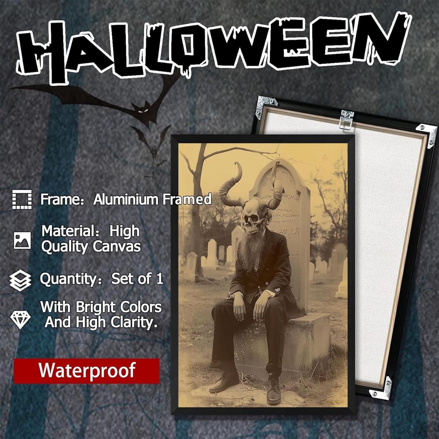 Skeleton Halloween Forest Occult Poster Vintage Spooky Canvas Wall Art Gothic Room Decor Dark Academia Bedroom Decorations Creepy Skull Prints Picture Aesthetic 12X16inch Aluminum Framed