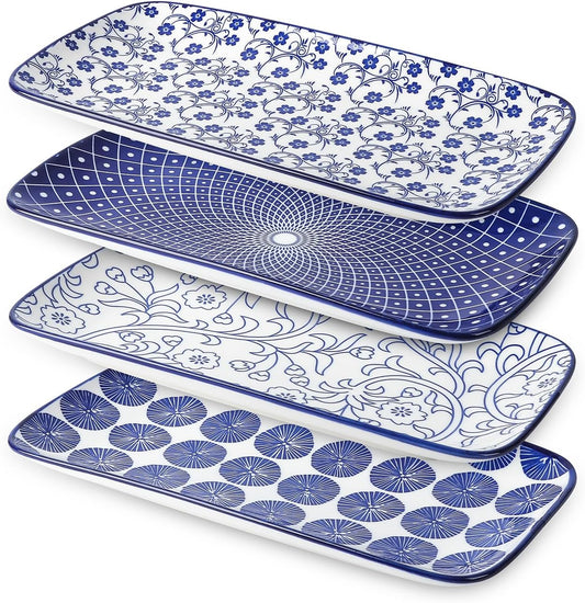Selamica Ceramic Serving Platters, 14 Inch Serving Trays for Party Entertaining, Large Rectangular Serving Plates for Appetizer, Charcuterie, Dessert, Fruit, Set of 4, Vintage Blue