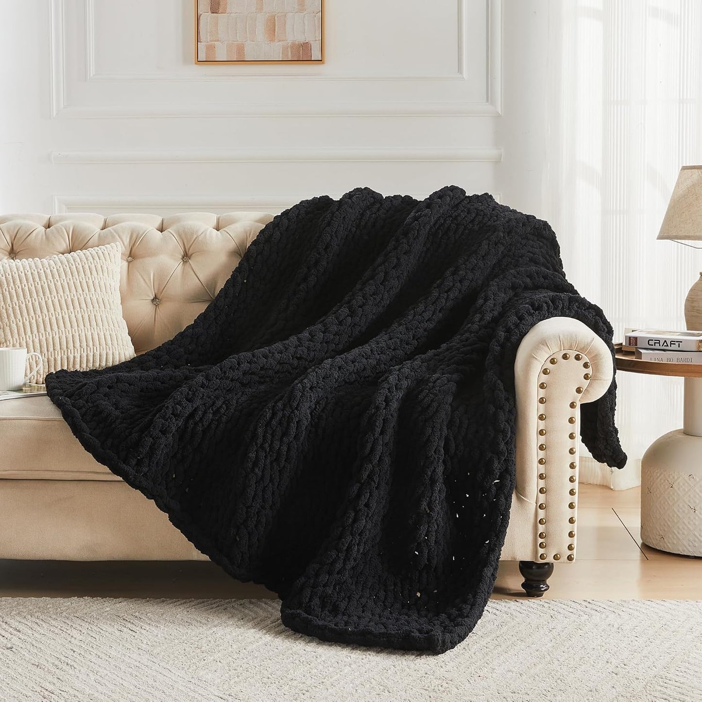 Carriediosa Chunky Knit Throw Blanket 60" X 80" Twin, 100% Hand Made Large Chenille Loop Yarn Soft Fluffy Throws for Couch Sofa Bed, Big Crochet Cozy Heavy Thick Cable Woven Blankets, Black