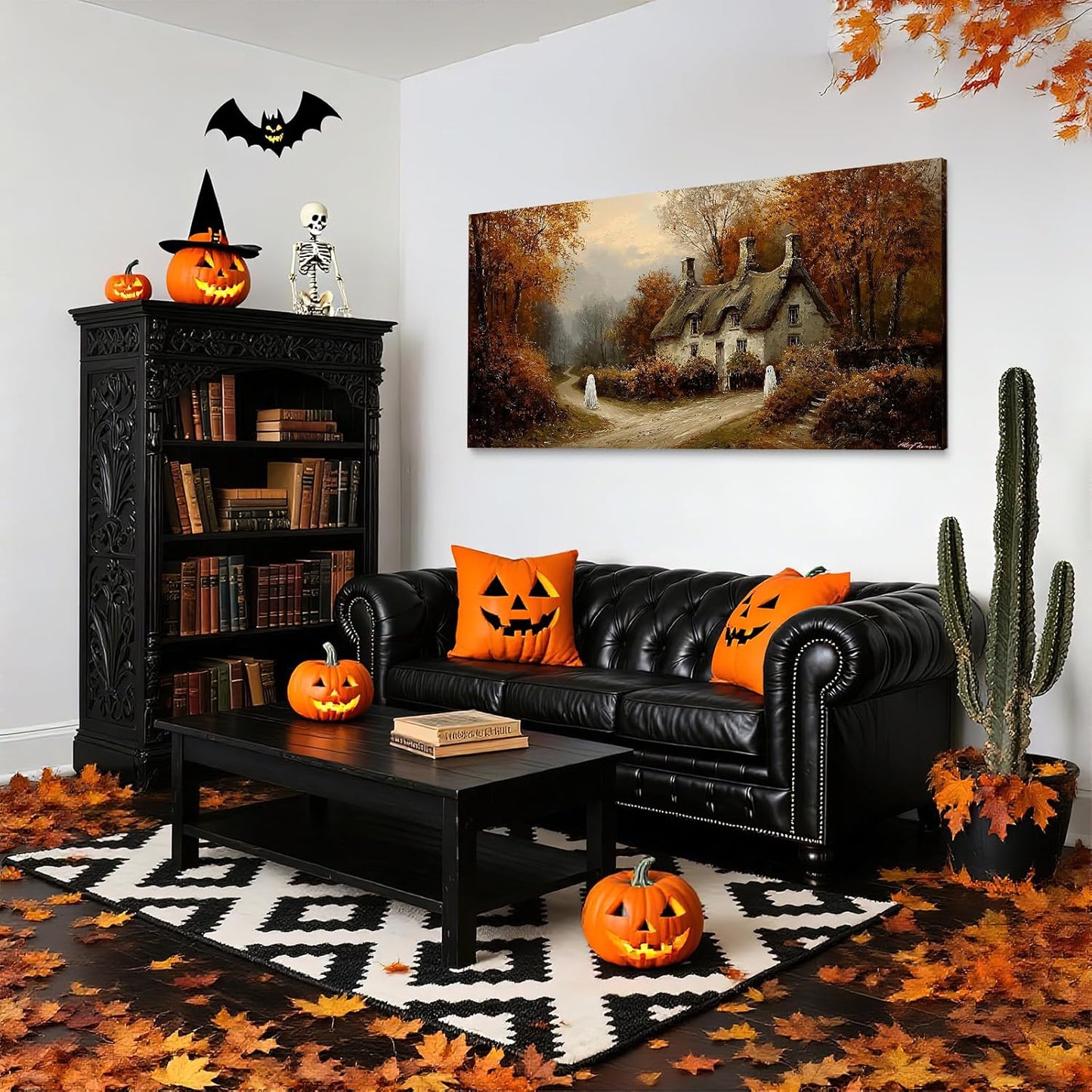 Laoife Halloween Canvas Wall Art, Vintage Spooky Farmhouse Autumn Rustic Landscape Wall Decoration, Ghost on Rural Roads for Living Room Bedroom Home Decor (Ghost 1)