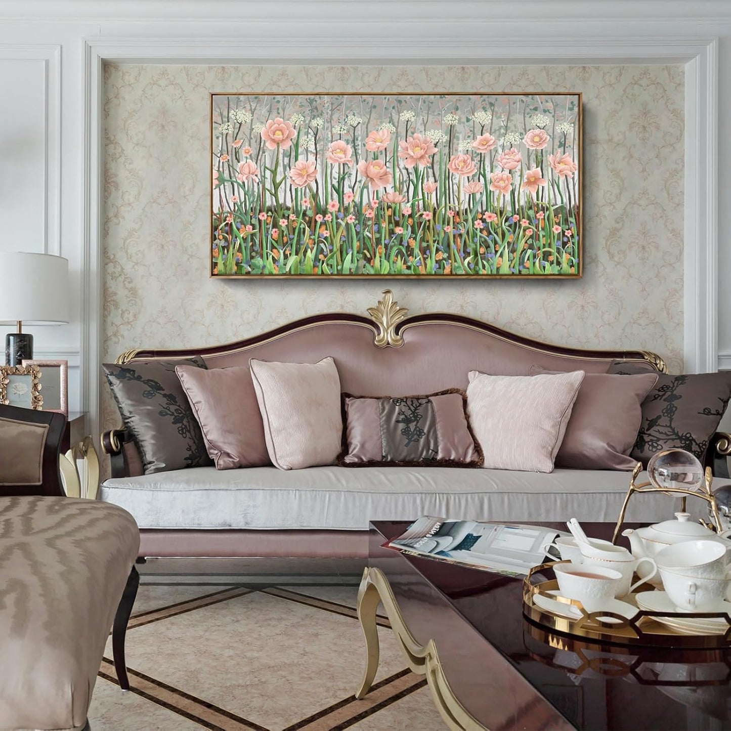 amatop Framed Large Floral Wall Art Modern Botanical Canvas Print Flower Field Wall Decor Abstract Landscape Picture Blooming Flower Forest Pink Green Artwork for Living Room Bedroom Office 48x24 in