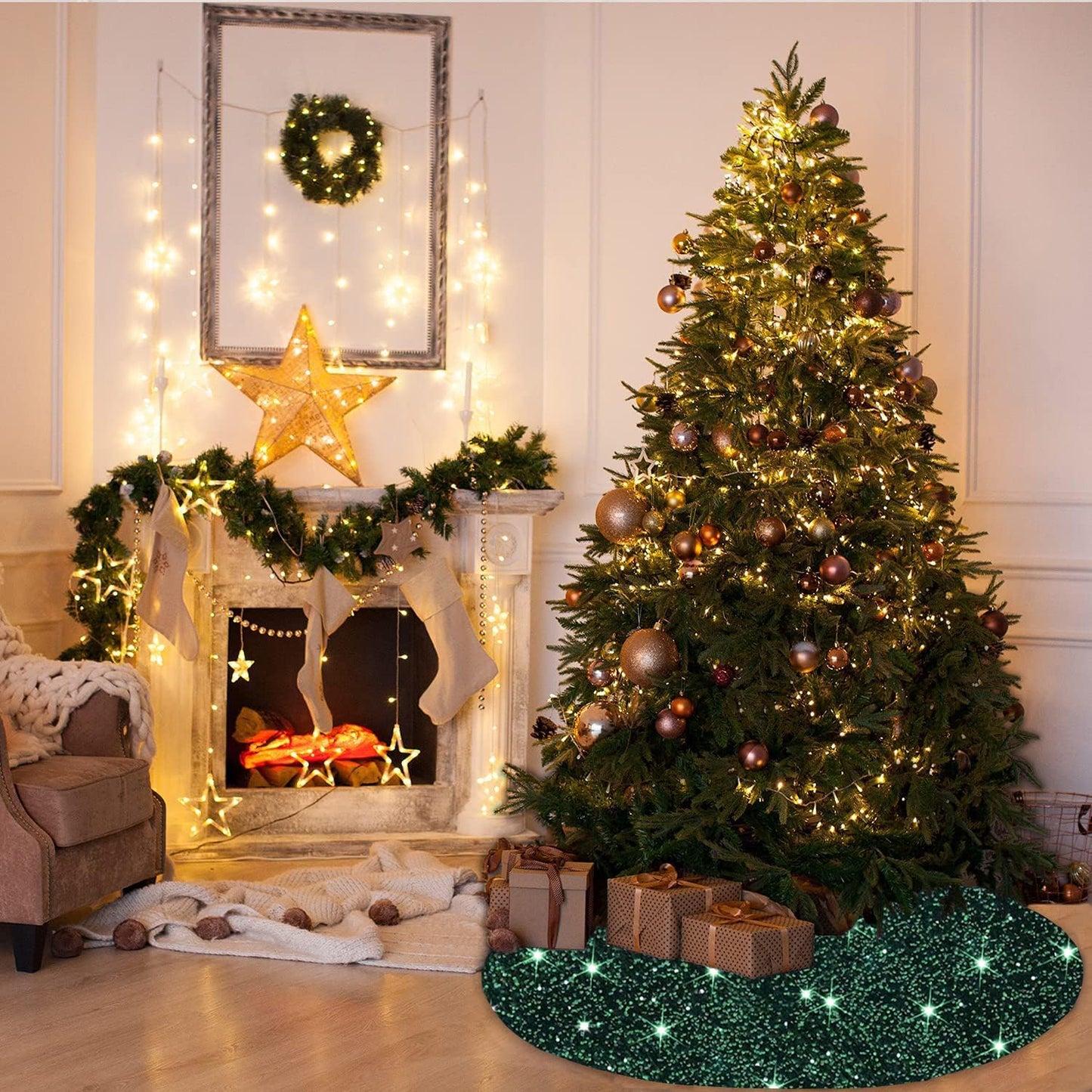 MODFUNS Sequin Christmas Tree Skirt 21 Inches Green and Black Rustic Velvet Tree Skirt for Table Top Trees Artificial Metallic Tree Mats Mini Xmas Tree Skirts Cover for Christmas Festive Decorations