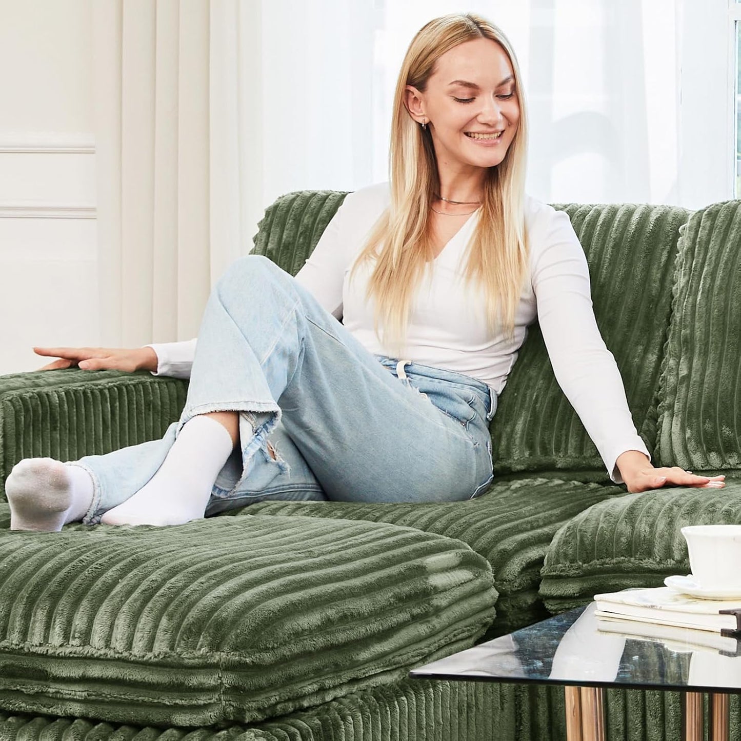 Belffin Modular Sectional Sofa with Sleeper Sofa, Oversized Cloud Couch with Extra Deep Seat, Upholstered 9 Seat Sectional Couches for Living Room, Plush Corduroy Green